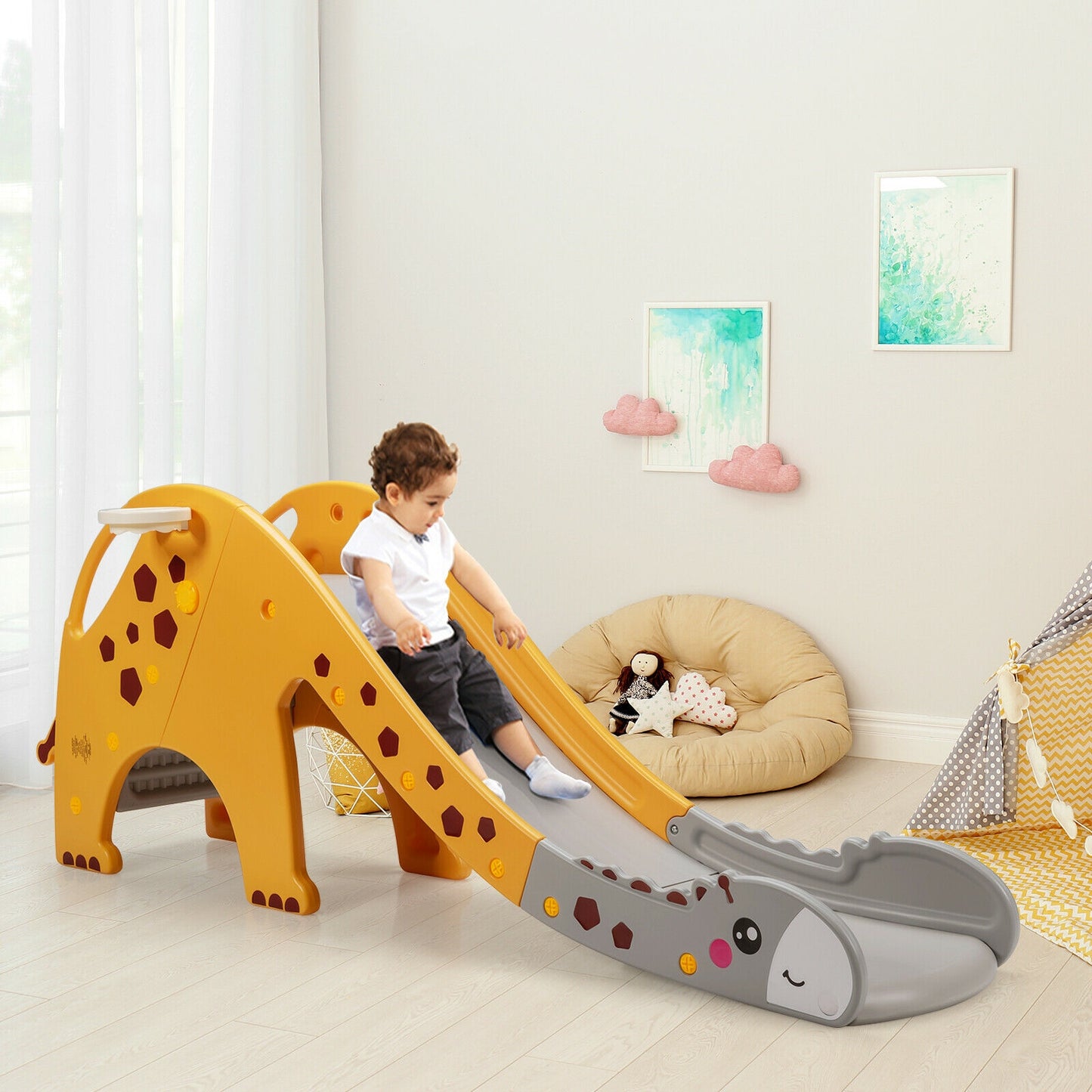 3-in-1 Kids Climber Slide Play Set with Basketball Hoop-Yellow Kids Crystal
