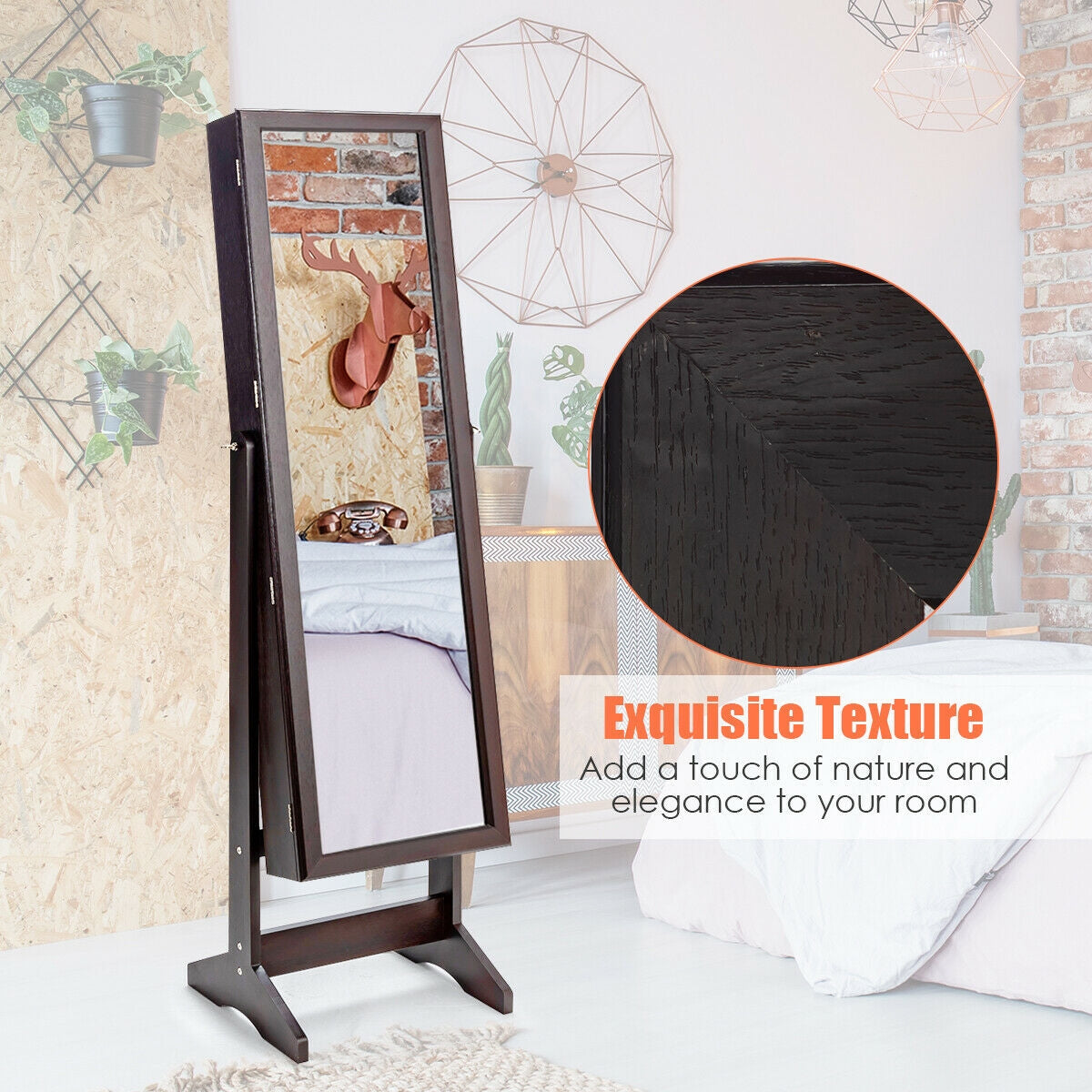 Jewelry Cabinet Stand Mirror Armoire with Large Storage Box-Brown Kids Crystal