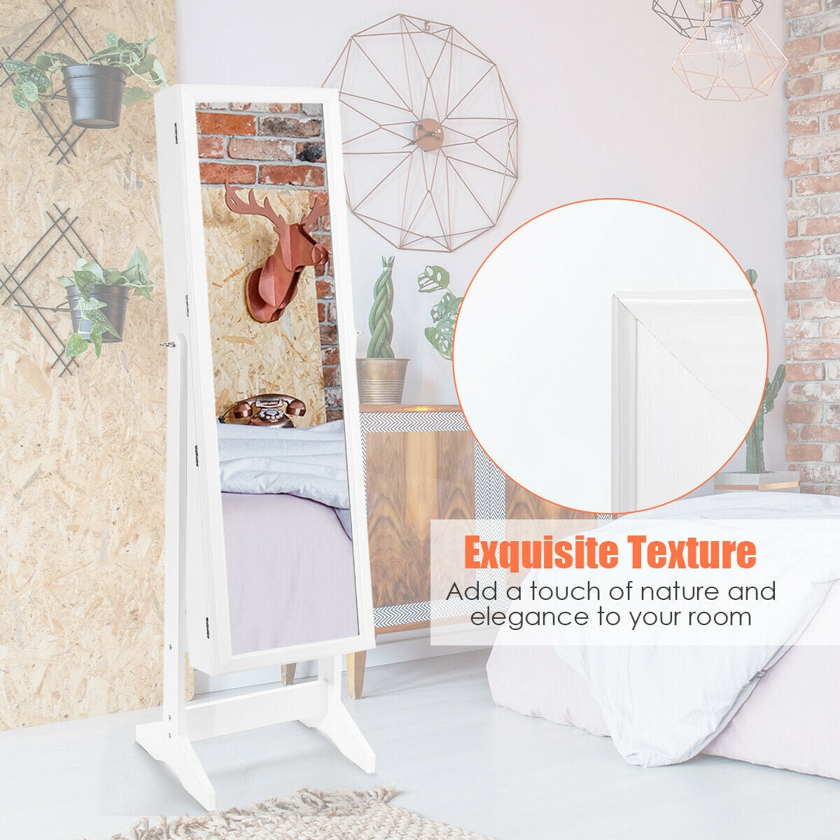 Jewelry Cabinet Stand Mirror Armoire with Large Storage Box-White Kids Crystal