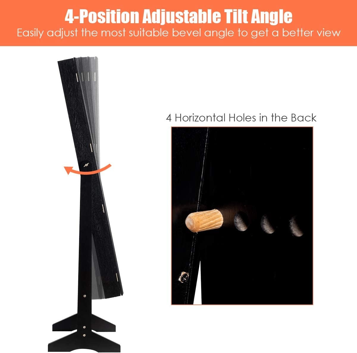 Jewelry Cabinet Stand Mirror Armoire with Large Storage Box-Black Kids Crystal