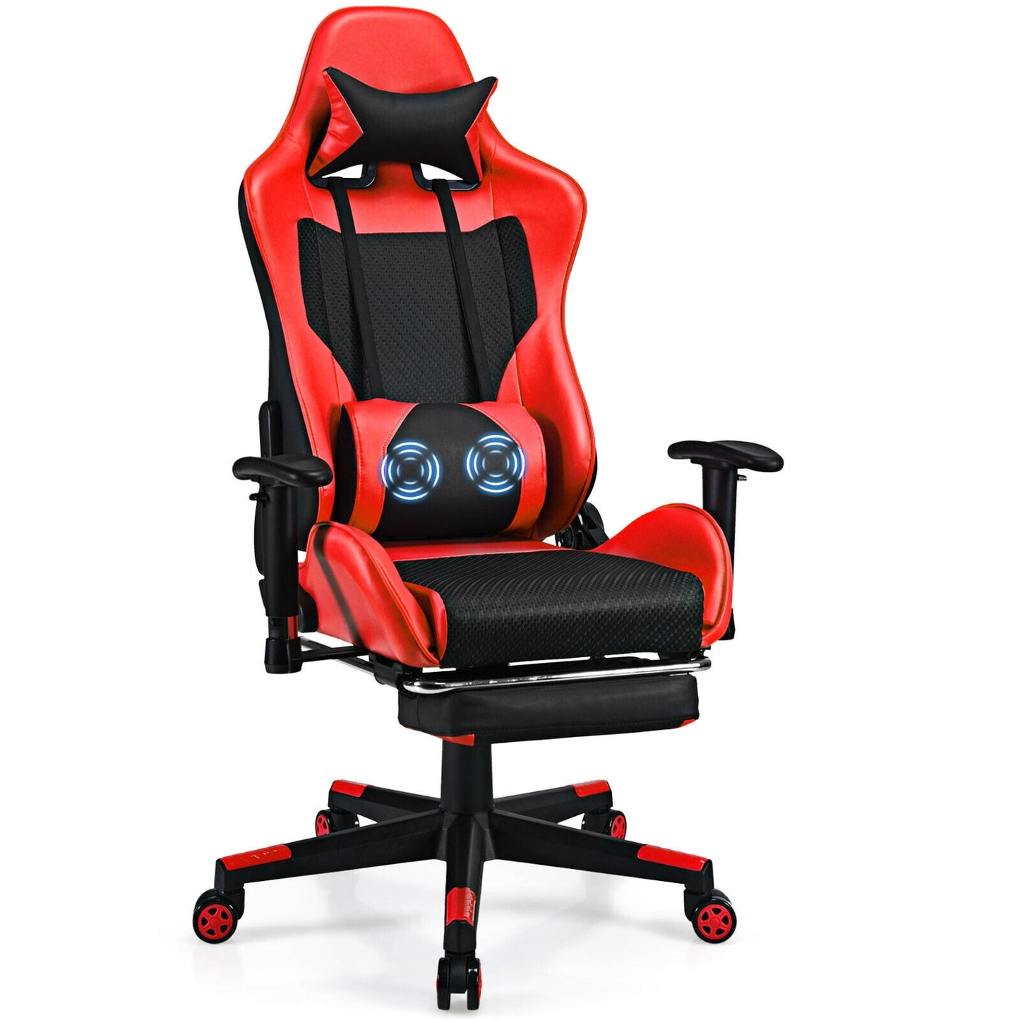 PU Leather Gaming Chair with USB Massage Lumbar Pillow and Footrest-Red Kids Crystal