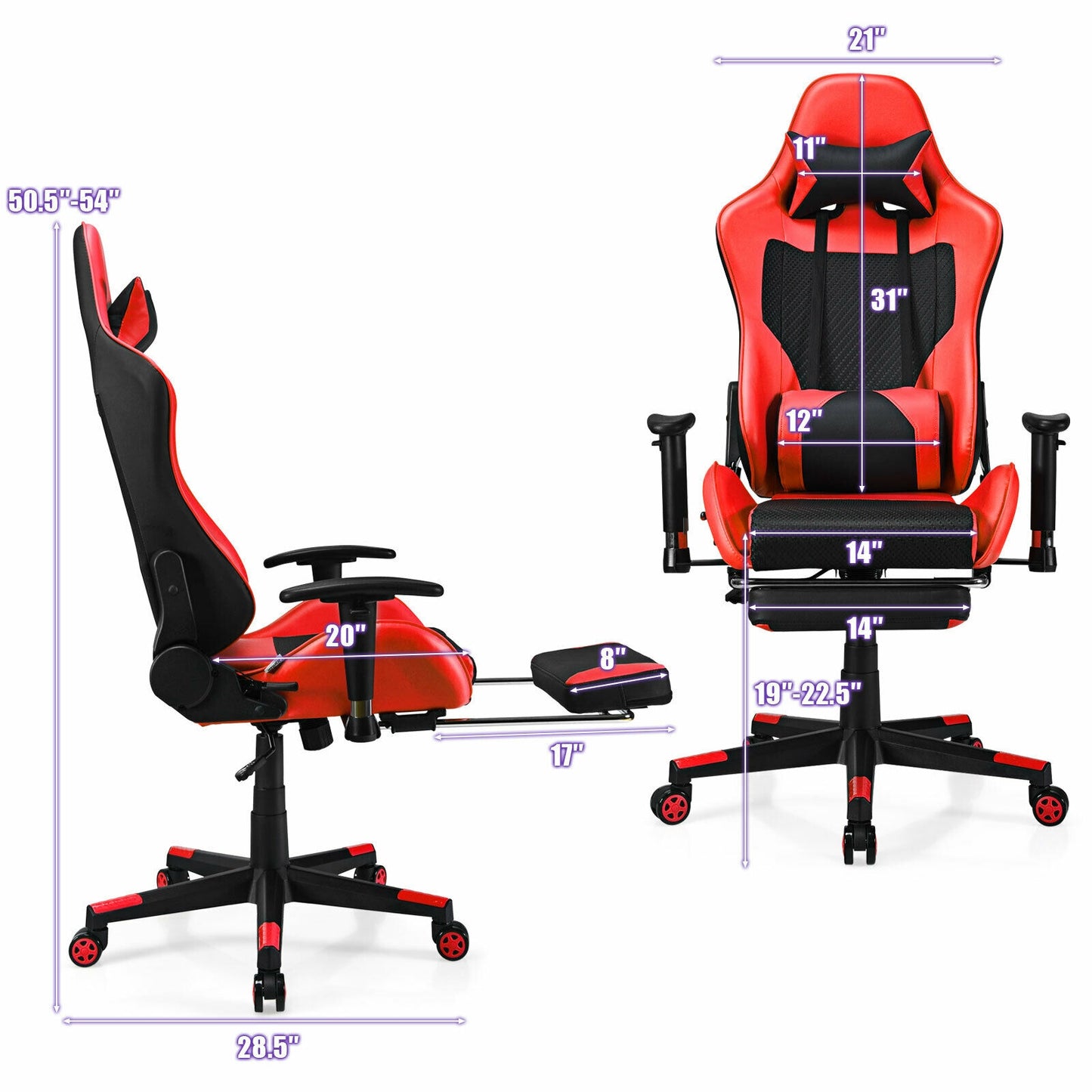 PU Leather Gaming Chair with USB Massage Lumbar Pillow and Footrest-Red Kids Crystal