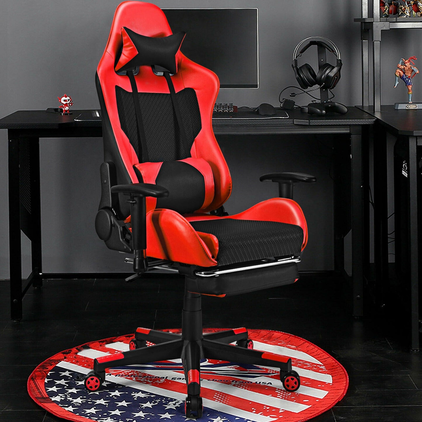 PU Leather Gaming Chair with USB Massage Lumbar Pillow and Footrest-Red Kids Crystal