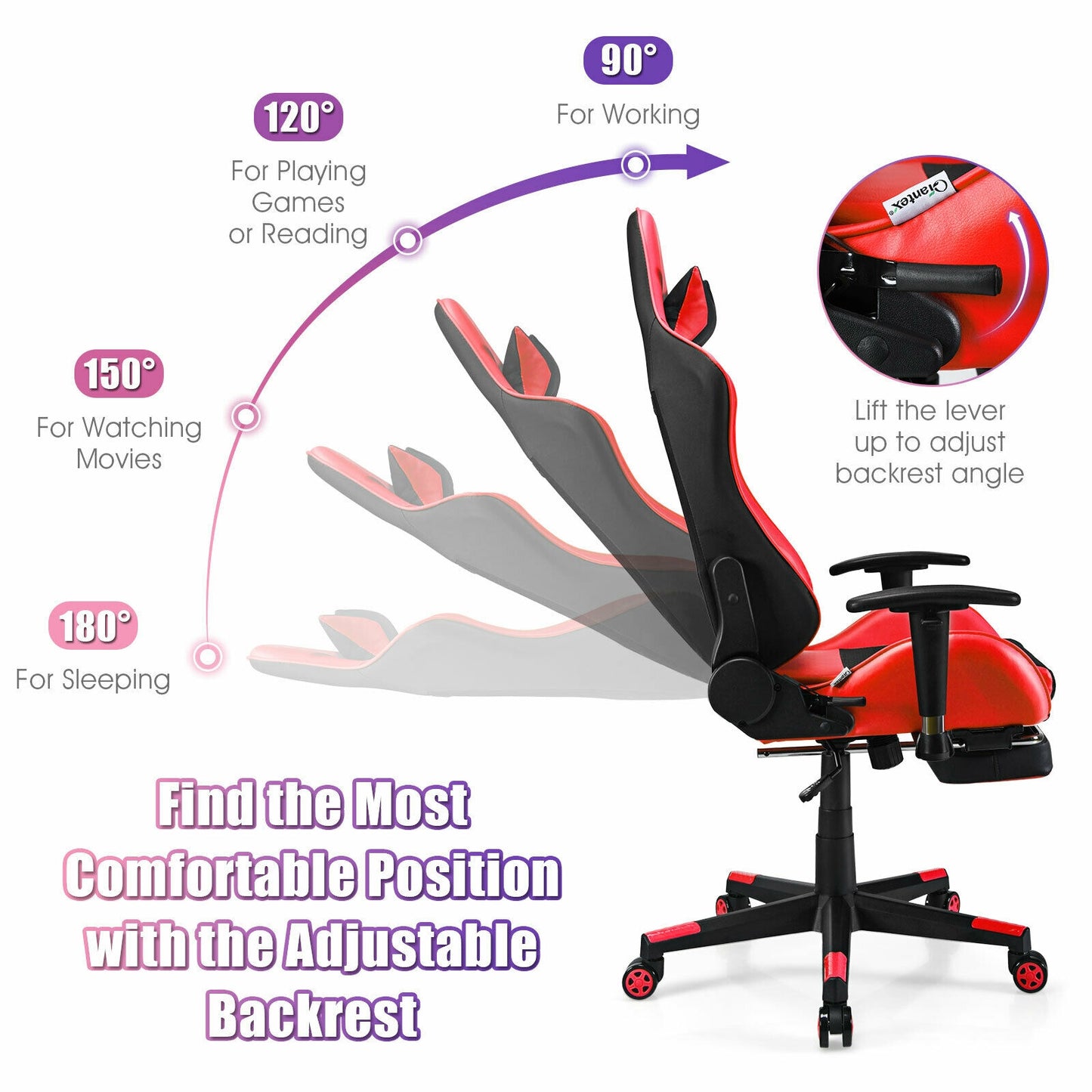 PU Leather Gaming Chair with USB Massage Lumbar Pillow and Footrest-Red Kids Crystal