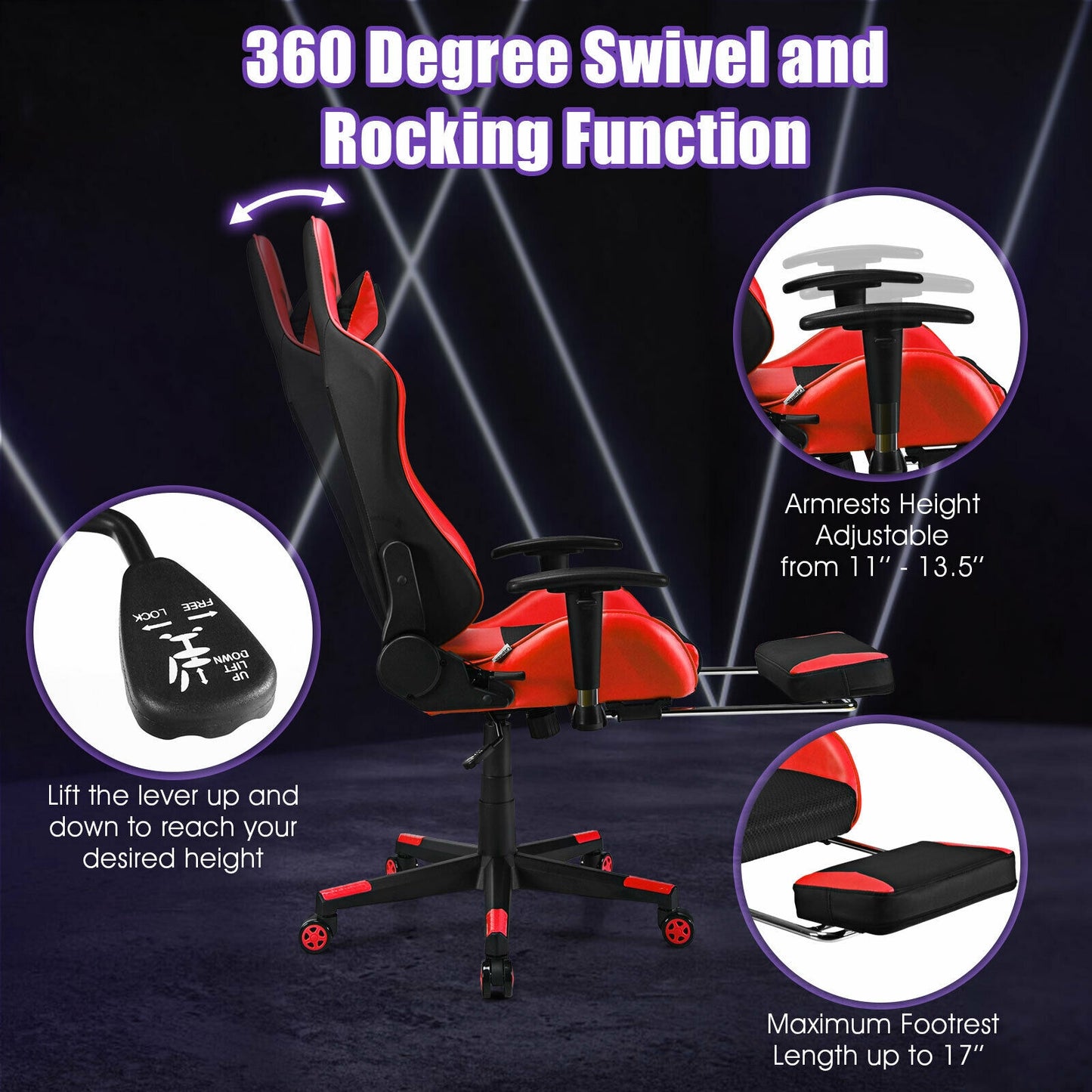 PU Leather Gaming Chair with USB Massage Lumbar Pillow and Footrest-Red Kids Crystal