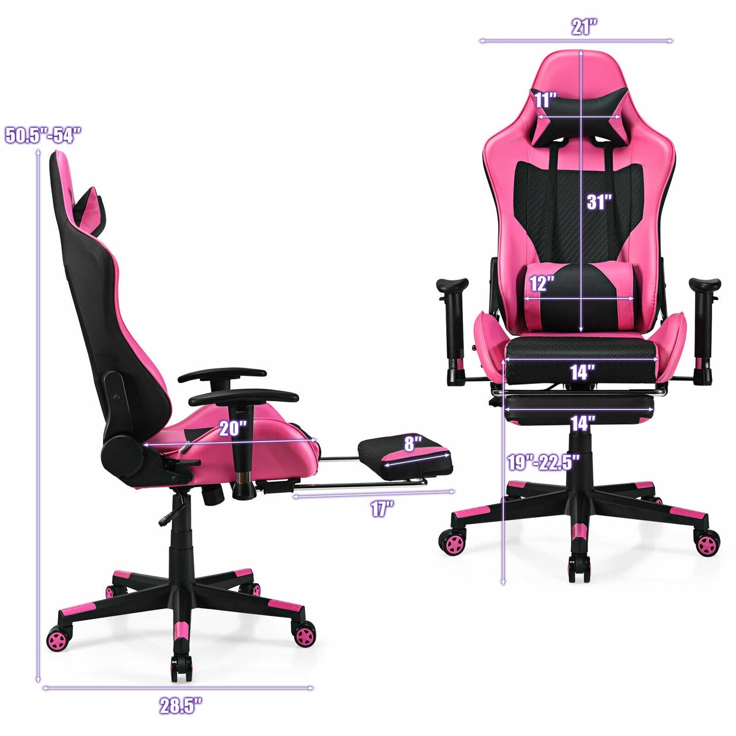 PU Leather Gaming Chair with USB Massage Lumbar Pillow and Footrest-Pink Kids Crystal