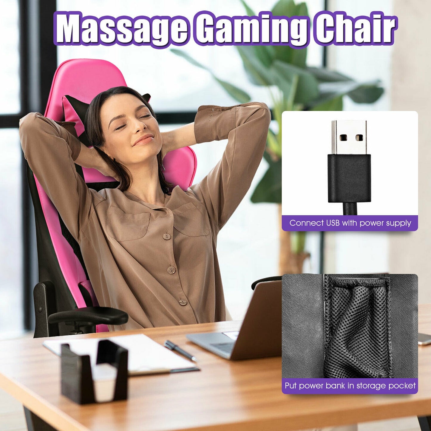 PU Leather Gaming Chair with USB Massage Lumbar Pillow and Footrest-Pink Kids Crystal