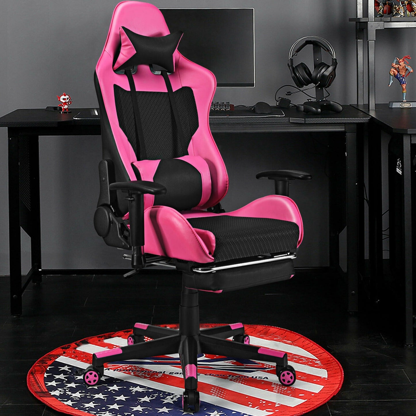 PU Leather Gaming Chair with USB Massage Lumbar Pillow and Footrest-Pink Kids Crystal