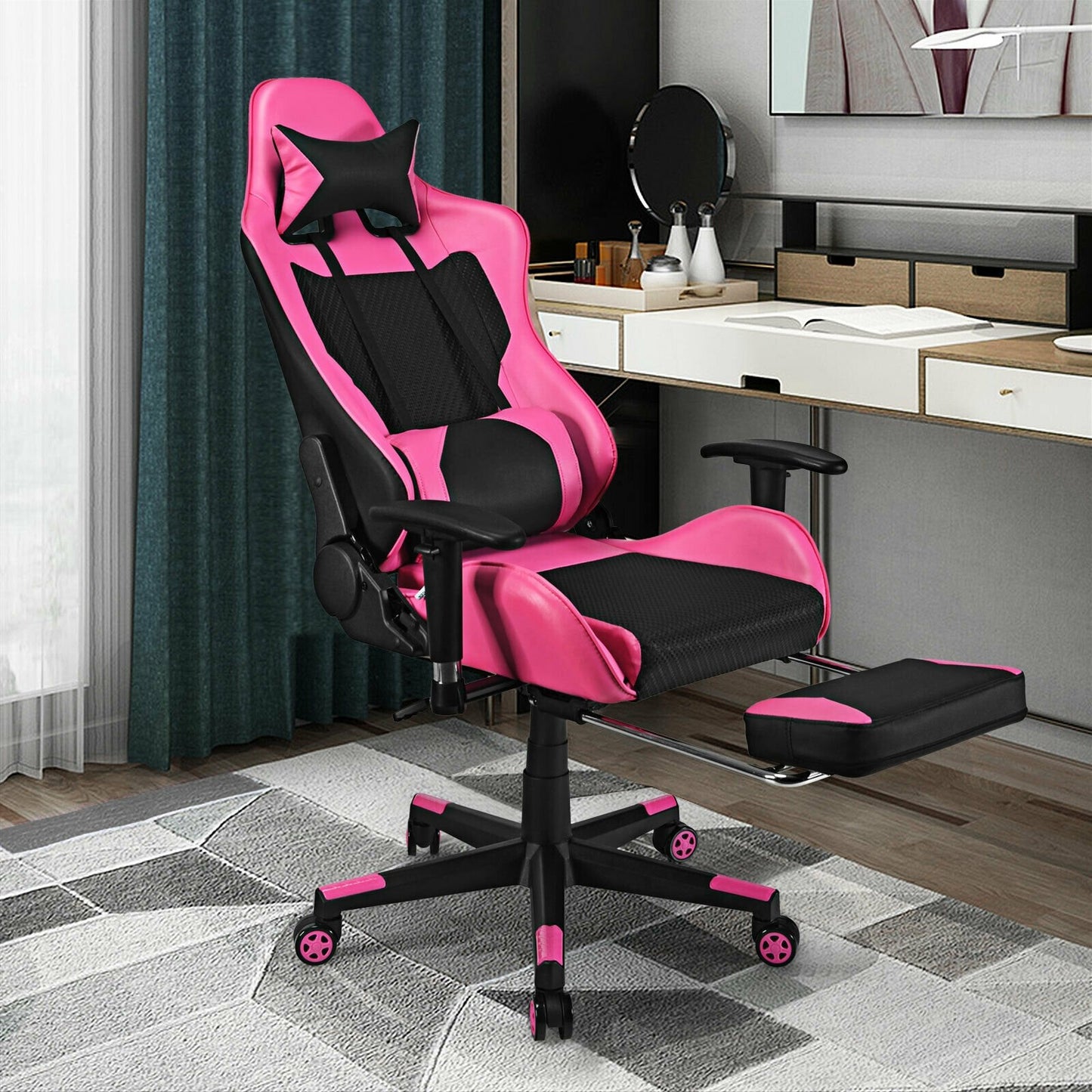 PU Leather Gaming Chair with USB Massage Lumbar Pillow and Footrest-Pink Kids Crystal