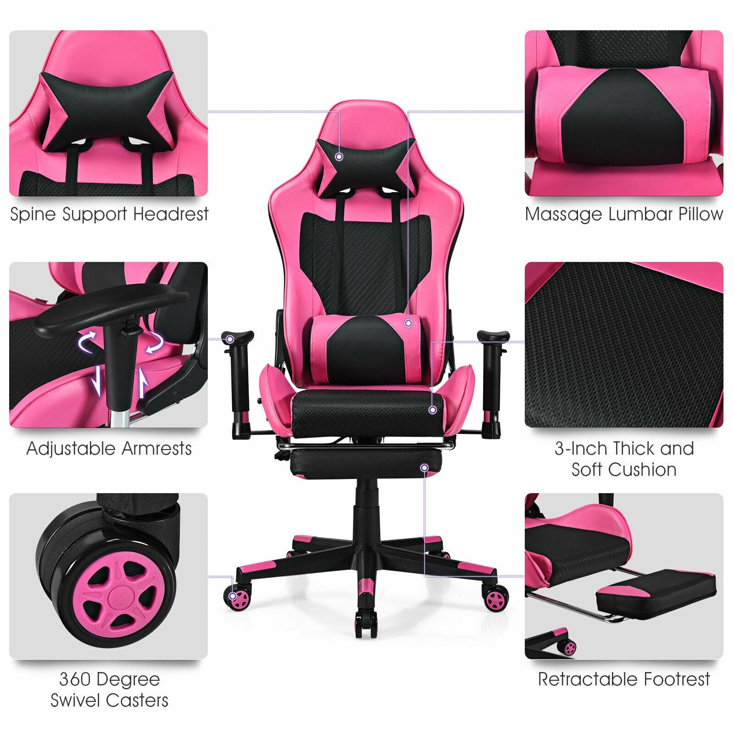PU Leather Gaming Chair with USB Massage Lumbar Pillow and Footrest-Pink Kids Crystal