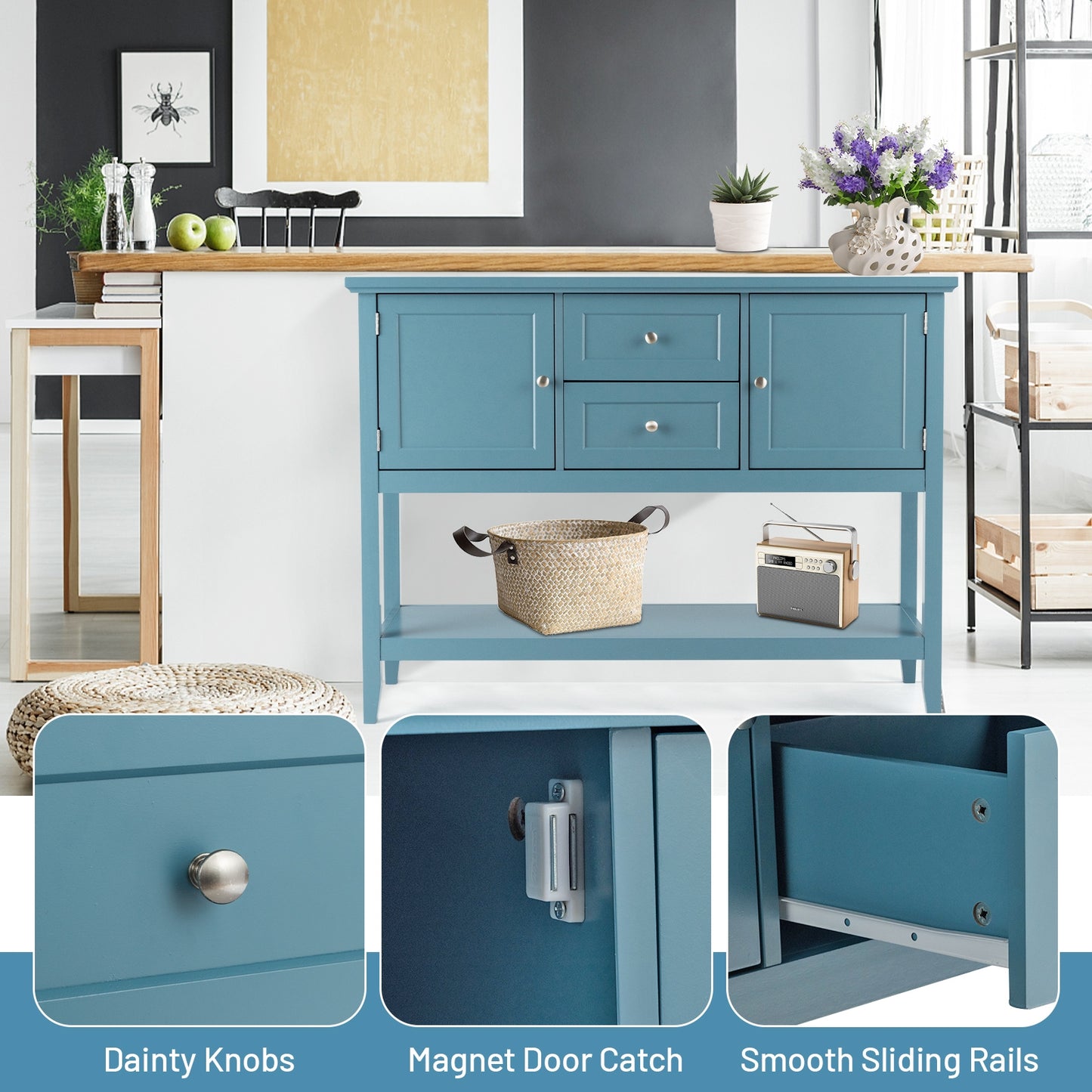 Wooden Sideboard Buffet Console Table with Drawers and Storage-Blue Kids Crystal