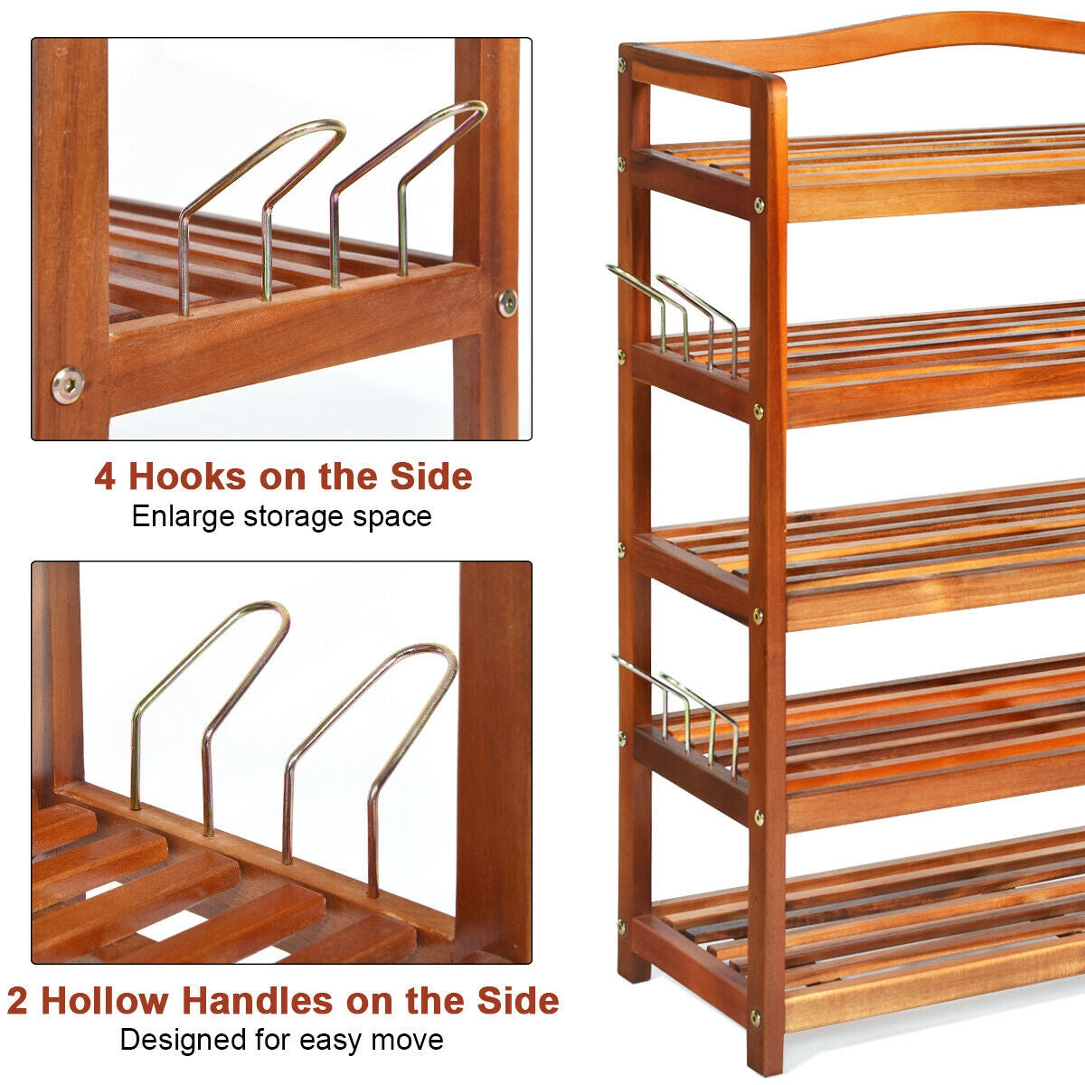 5-Tier Acacia Wood Shoe Rack with Side Metal Hooks Kids Crystal