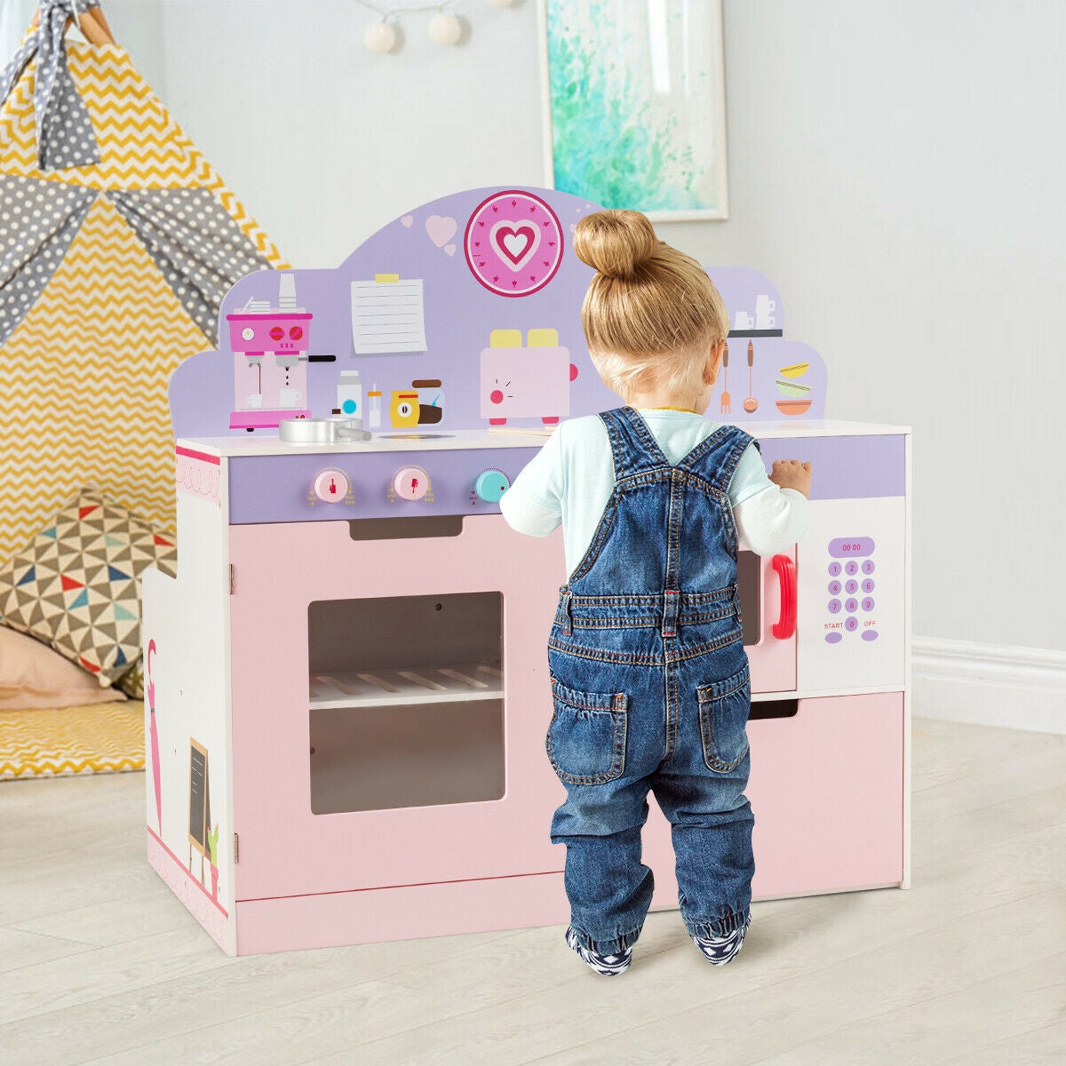2 in 1 Kitchen and Cafe Pretend Cooking Playset Kids Crystal