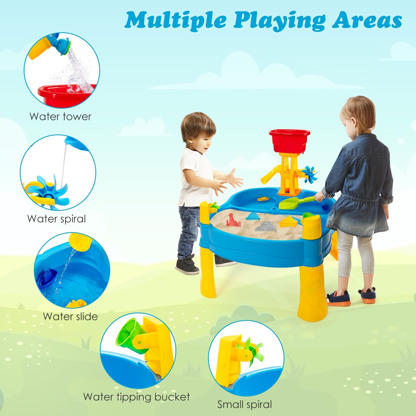 Kids Sand and Water Activity Table Sandbox with 18 Pieces Accessories Kids Crystal