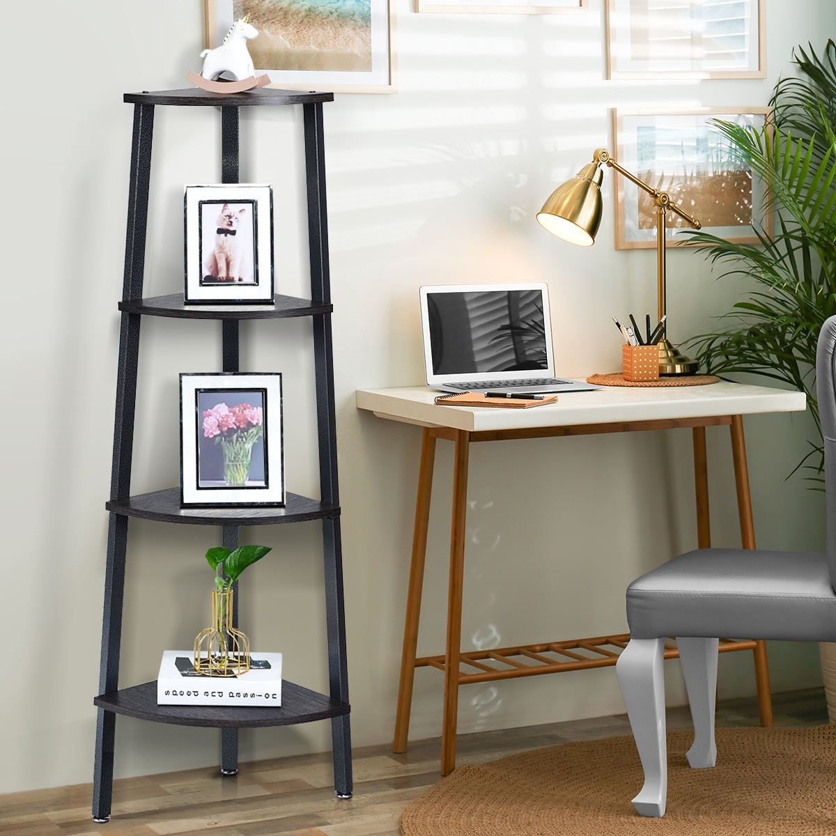 4-Tier Corner Shelf Metal Storage Rack Domestic Bookcase-Black Kids Crystal