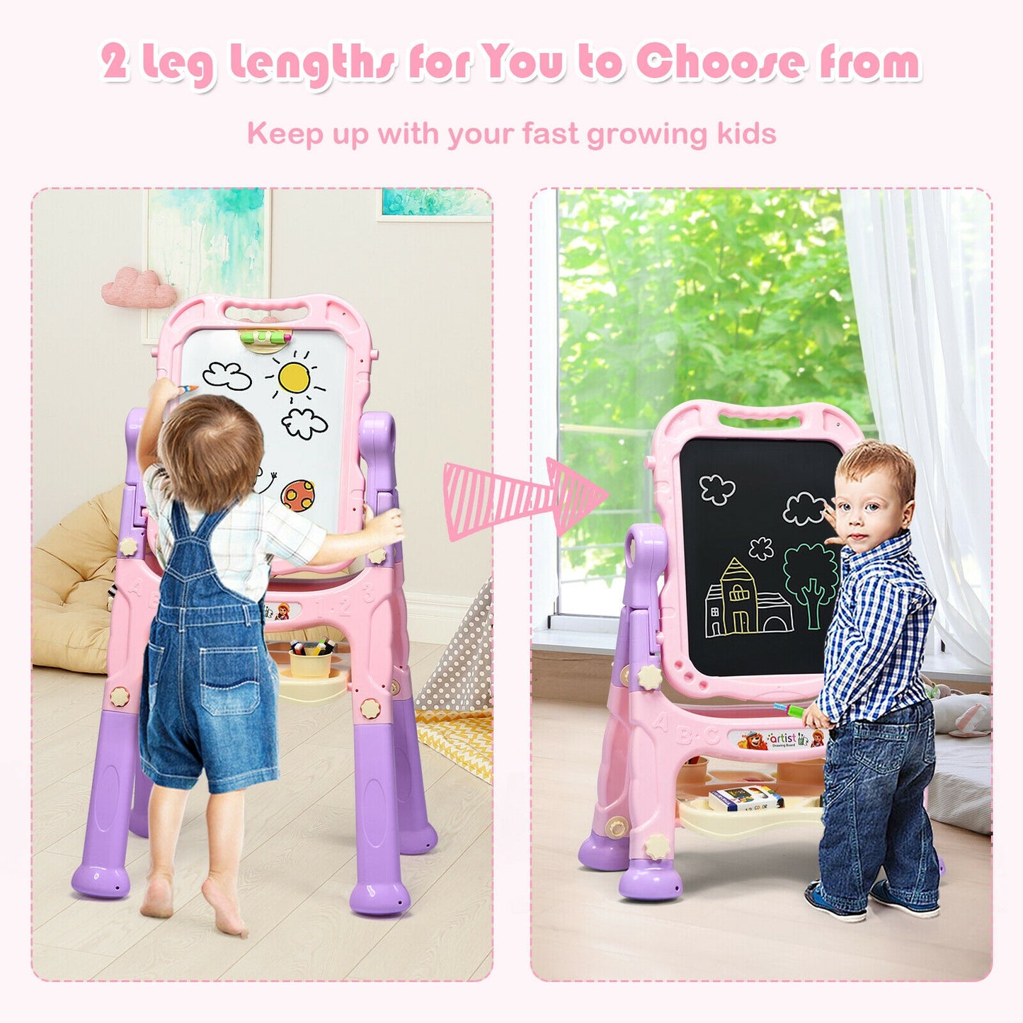 Height Adjustable Kids Art Easel Magnetic Double Sided Board-Pink Kids Crystal
