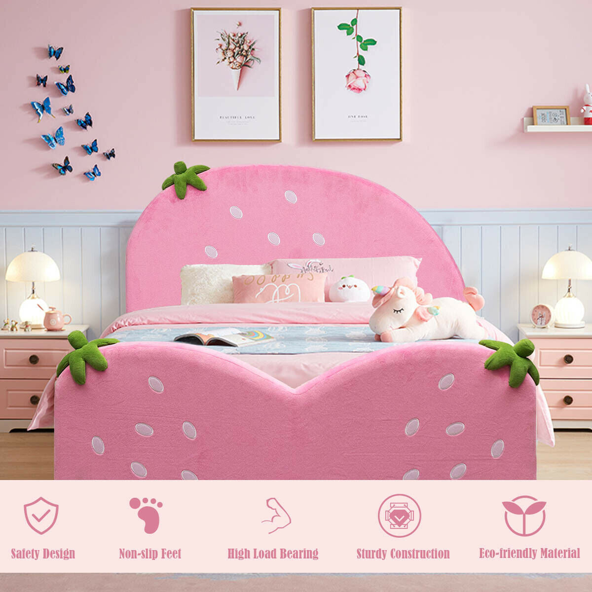 Kids Children Upholstered Berry Pattern Toddler Bed Kids Crystal