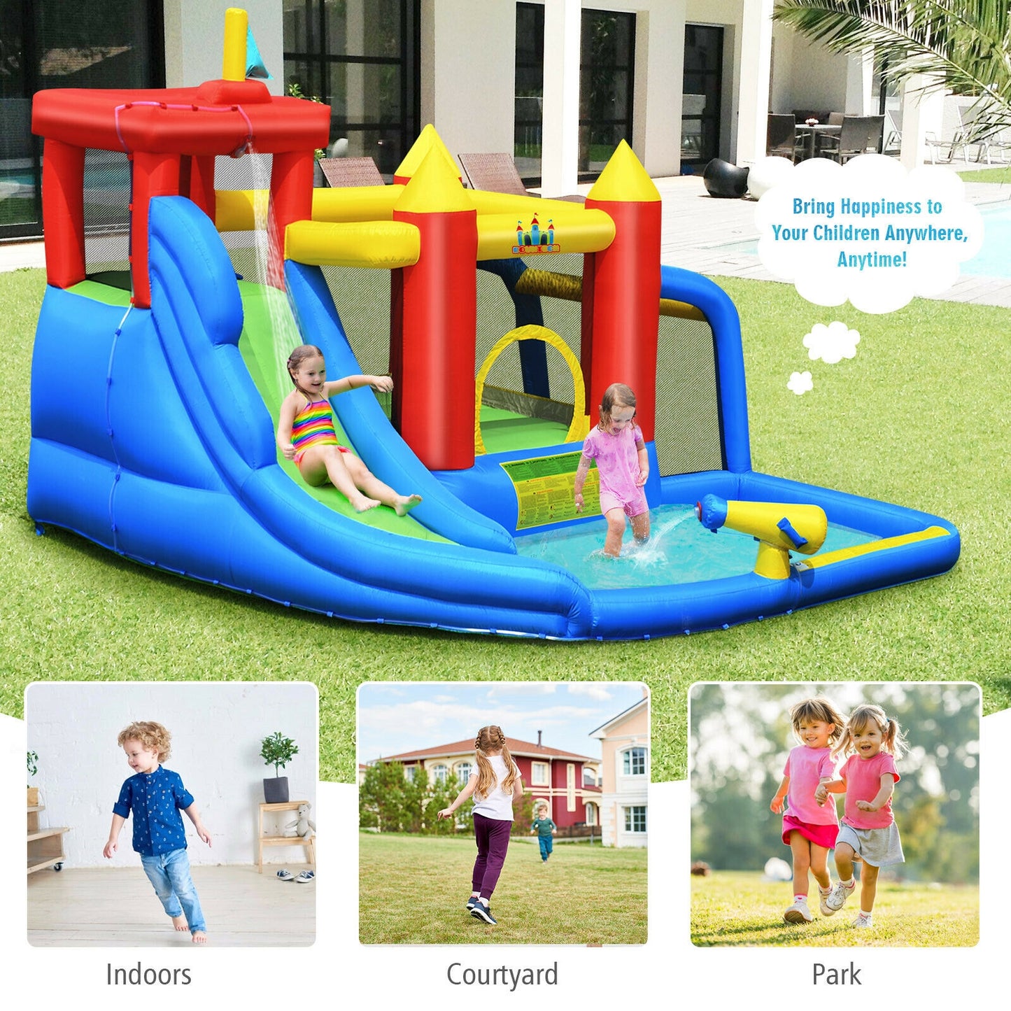 Inflatable Bouncer Bounce House with Water Slide Splash Pool without Blower Kids Crystal