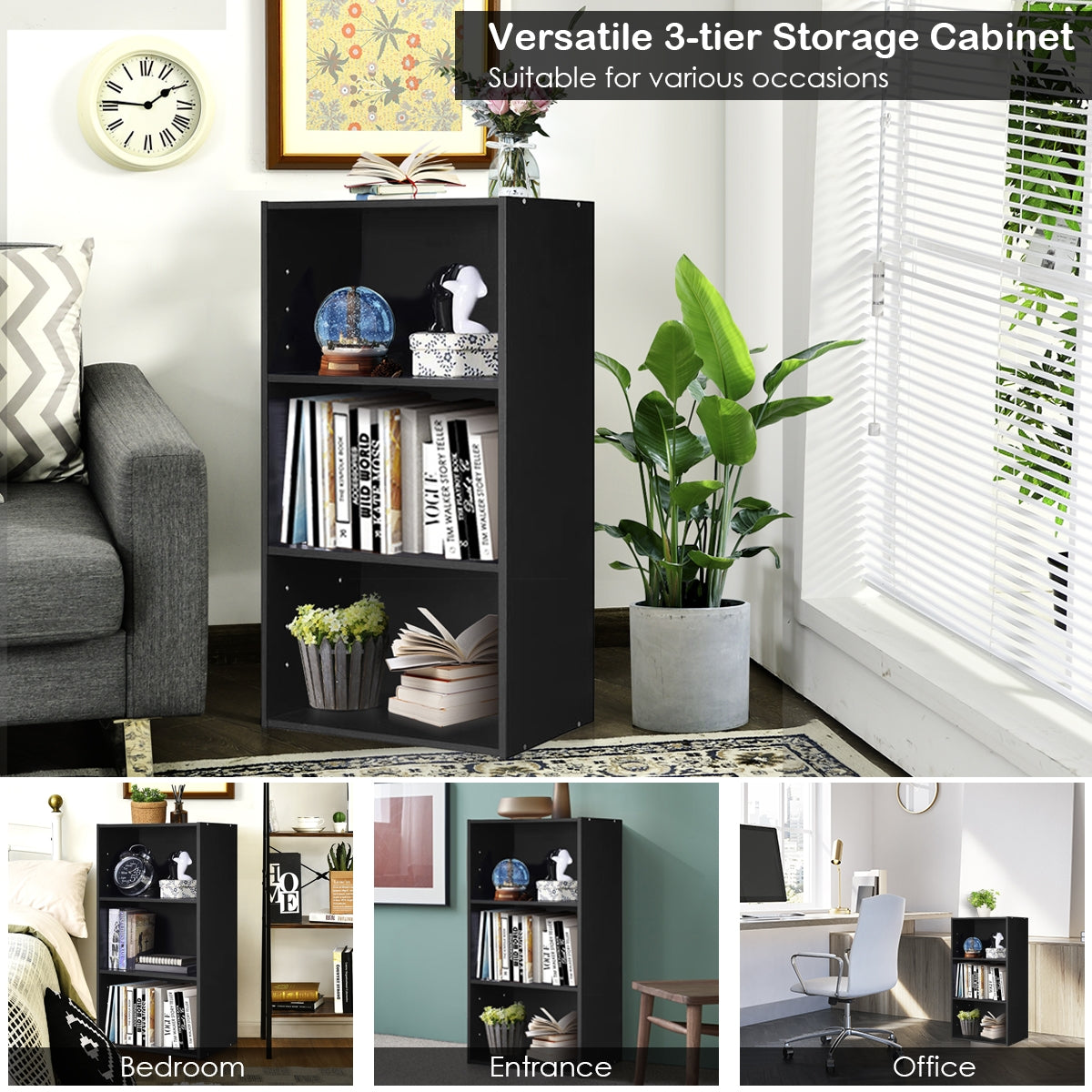 3 Open Shelf Bookcase Modern Storage Display Cabinet-Black Kids Crystal