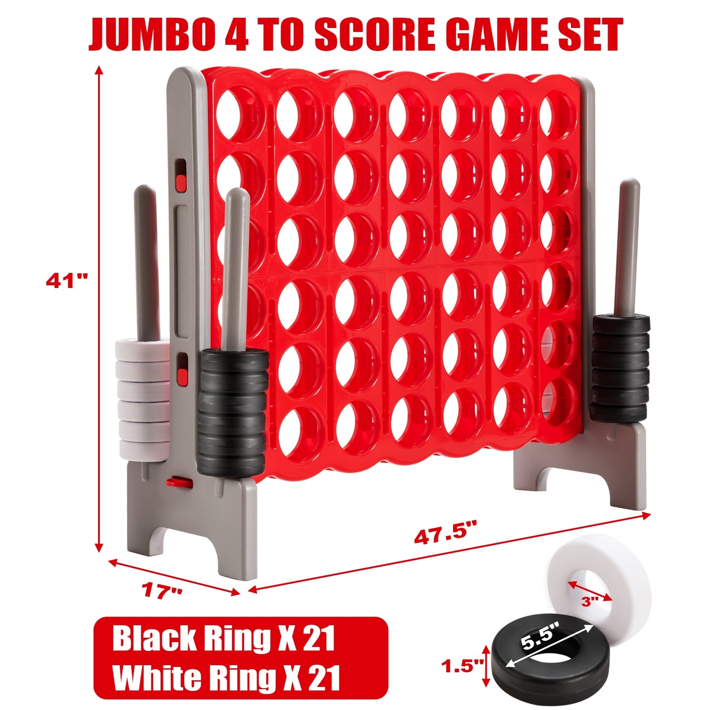 3.5 Feet Tall Jumbo 4 to Score Giant Game Set with 42 Jumbo Rings-Red Kids Crystal