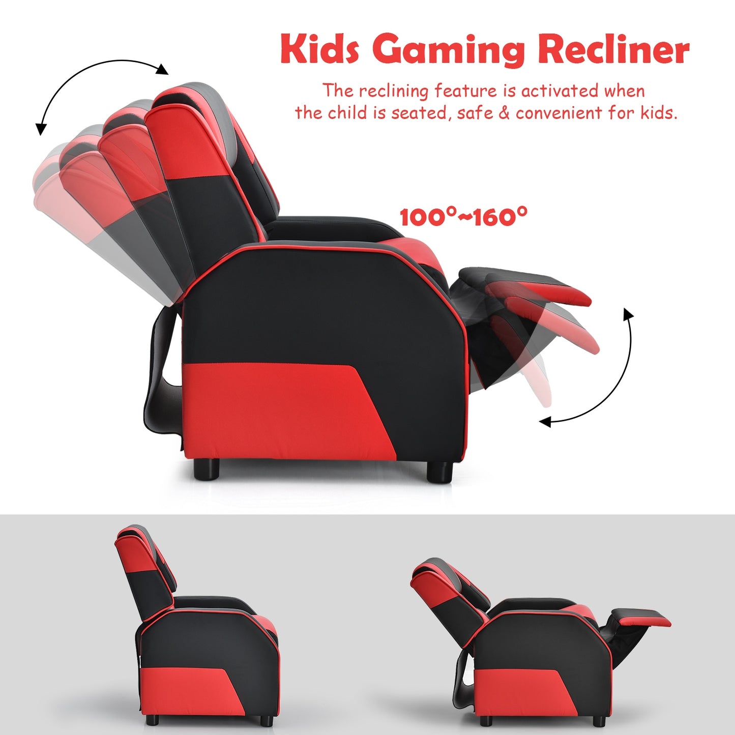 Kids Youth PU Leather Gaming Sofa Recliner with Headrest and Footrest-Red Kids Crystal
