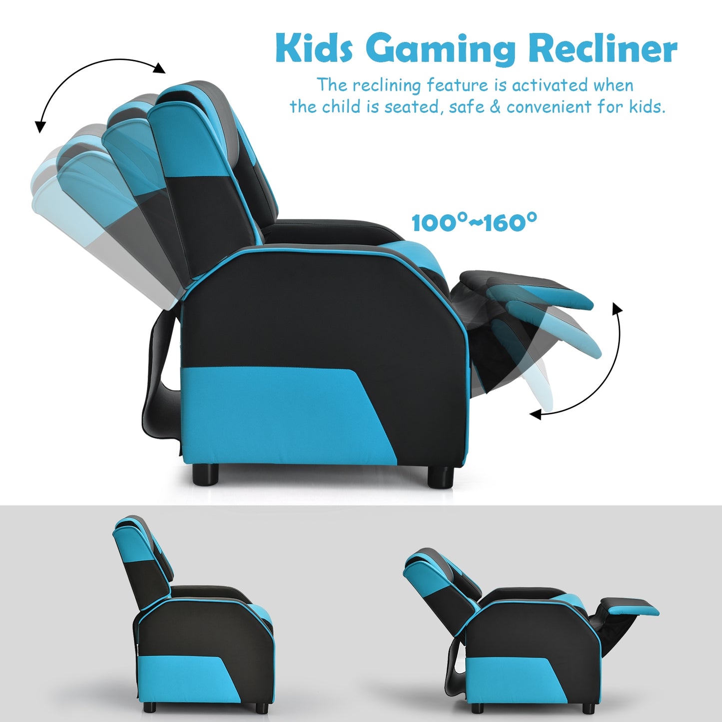 Kids Youth PU Leather Gaming Sofa Recliner with Headrest and Footrest-Blue Kids Crystal