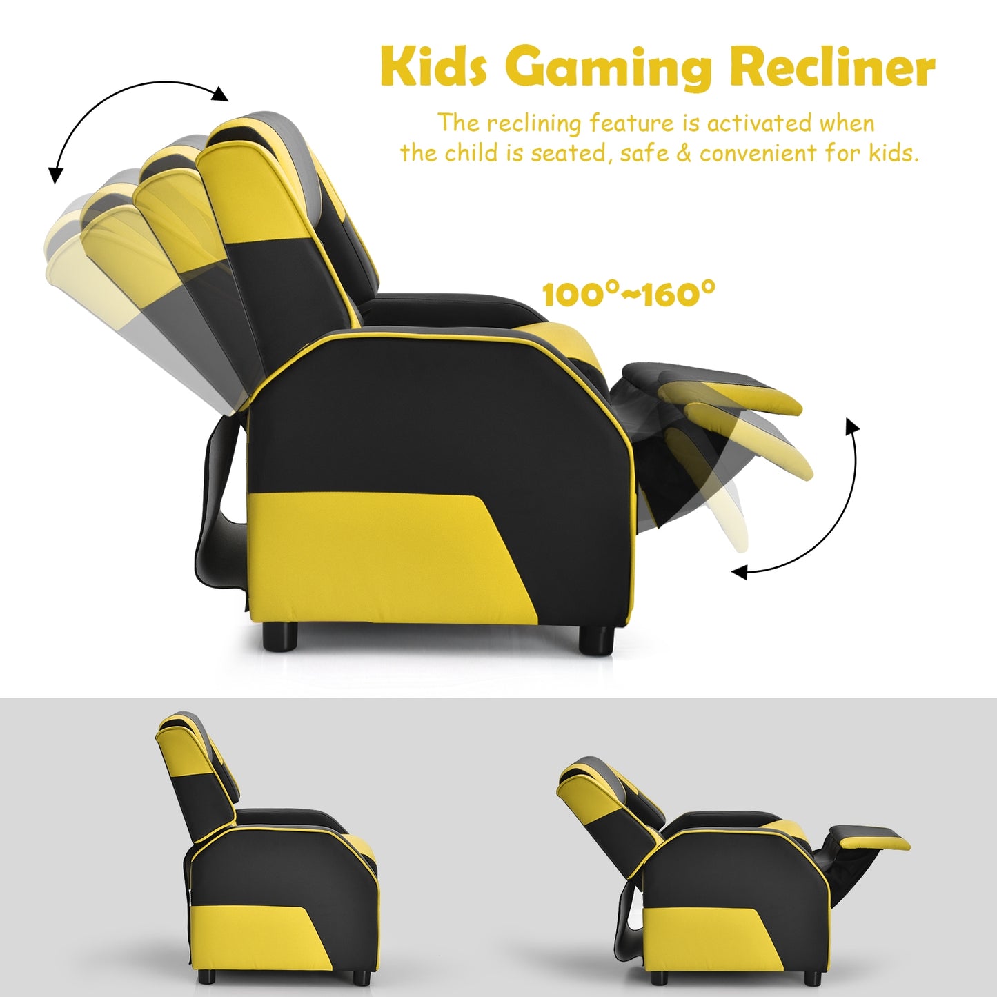 Kids Youth PU Leather Gaming Sofa Recliner with Headrest and Footrest-Yellow Kids Crystal