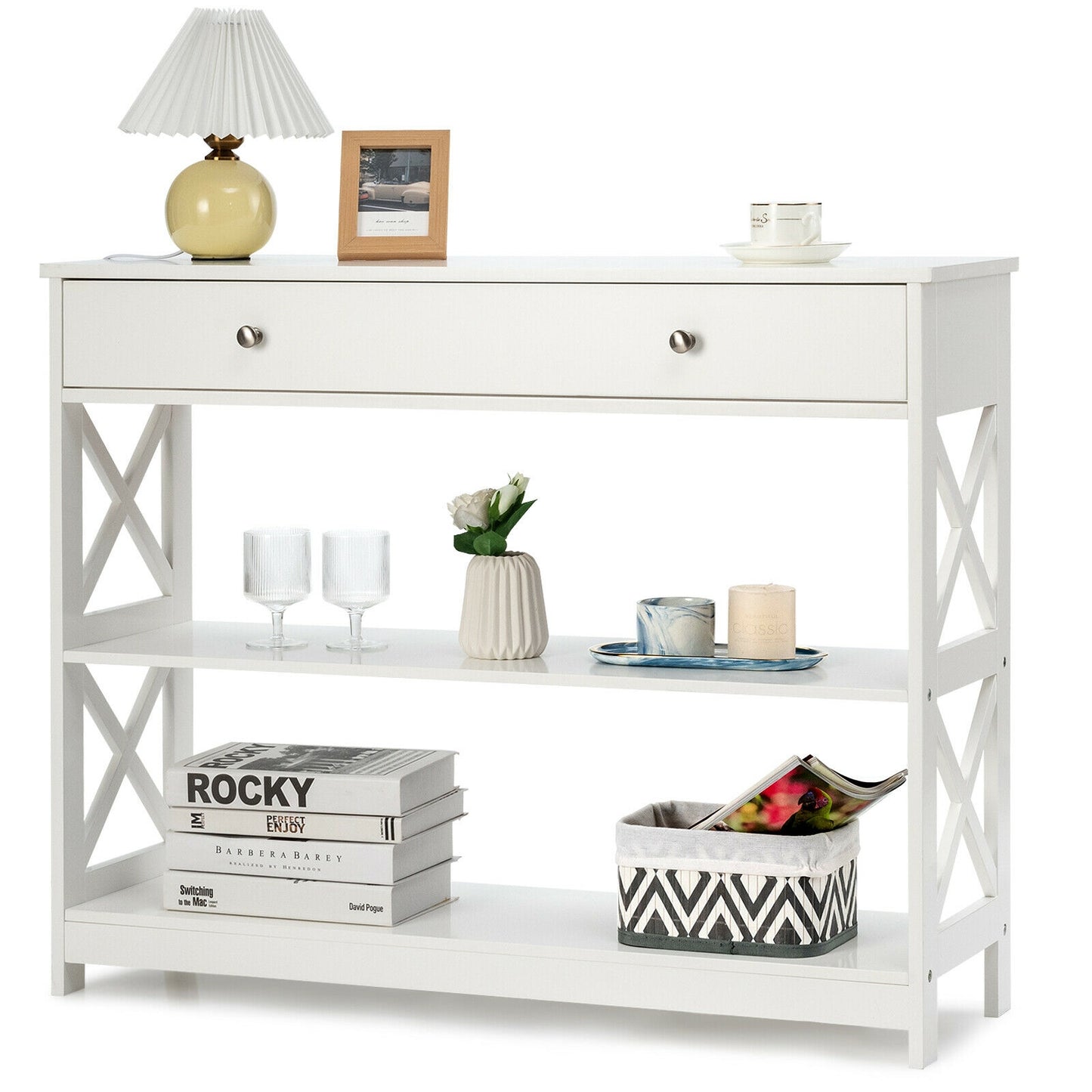 3-Tier Console Table with Drawers for Living Room Entryway-White Kids Crystal