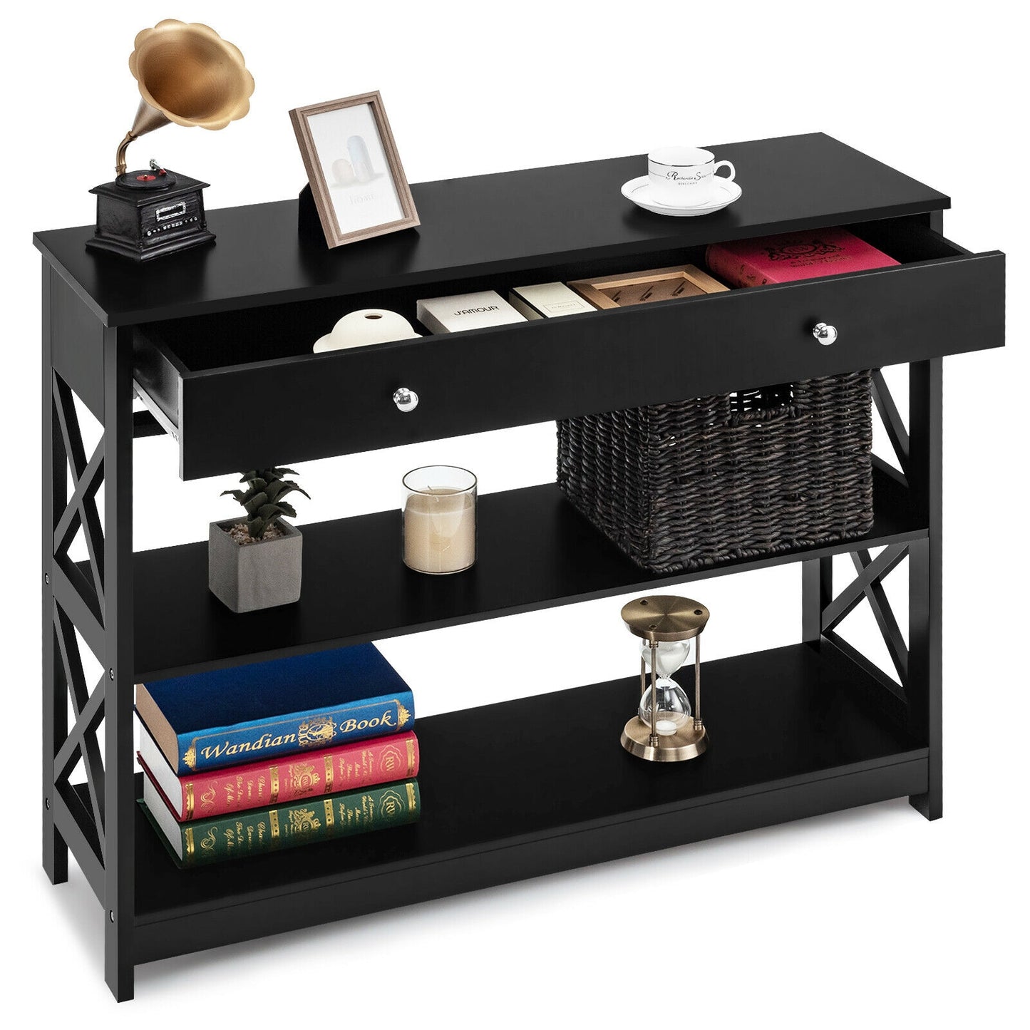 3-Tier Console Table with Drawers for Living Room Entryway-Black Kids Crystal