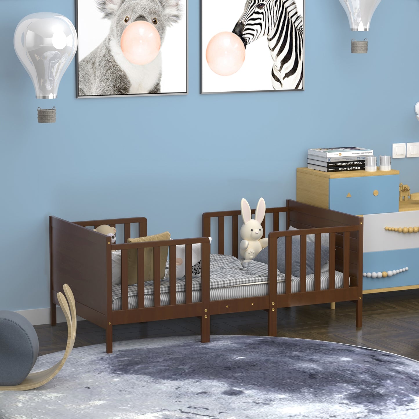 2-in-1 Convertible Toddler Bed with Guardrails-Brown Kids Crystal