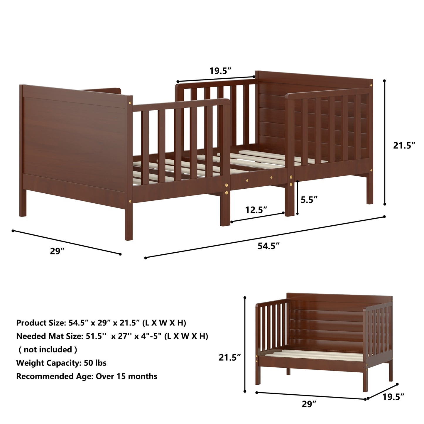 2-in-1 Convertible Toddler Bed with Guardrails-Brown Kids Crystal