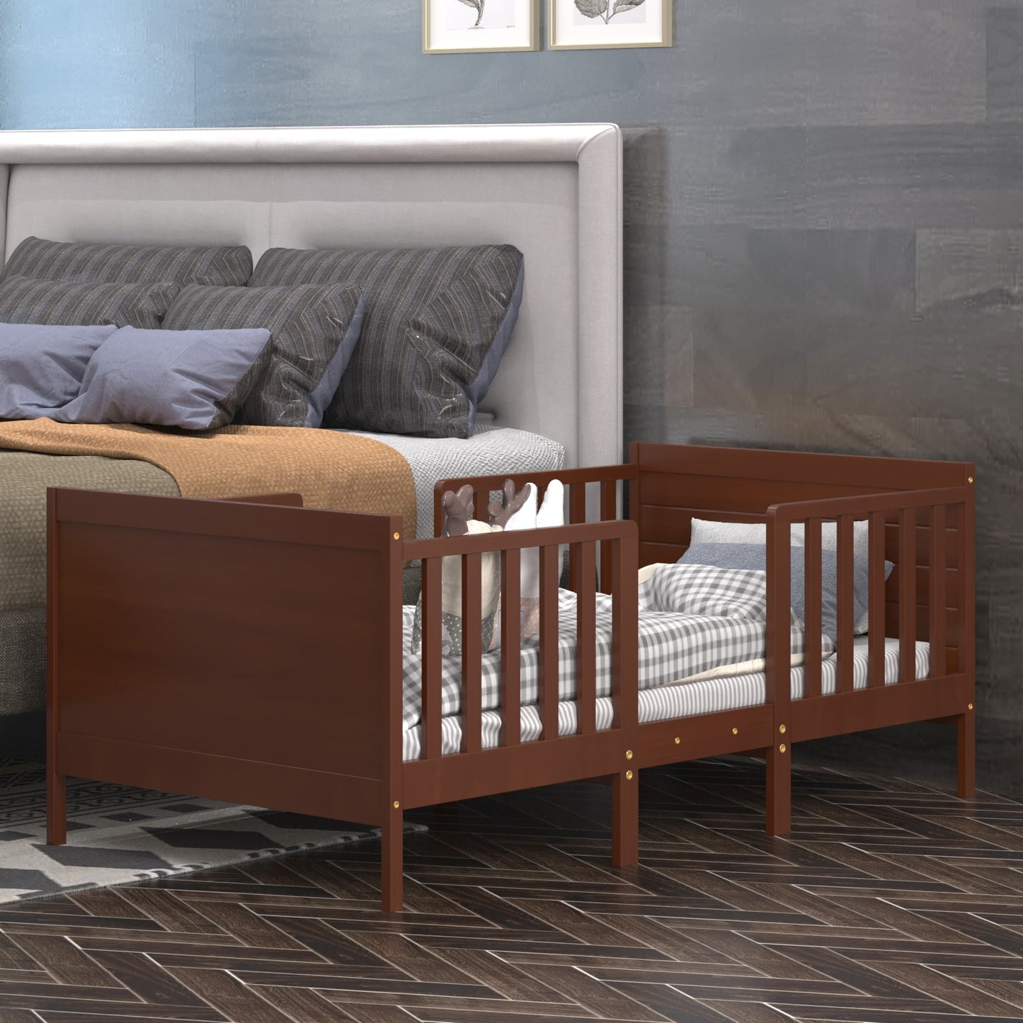 2-in-1 Convertible Toddler Bed with Guardrails-Brown Kids Crystal