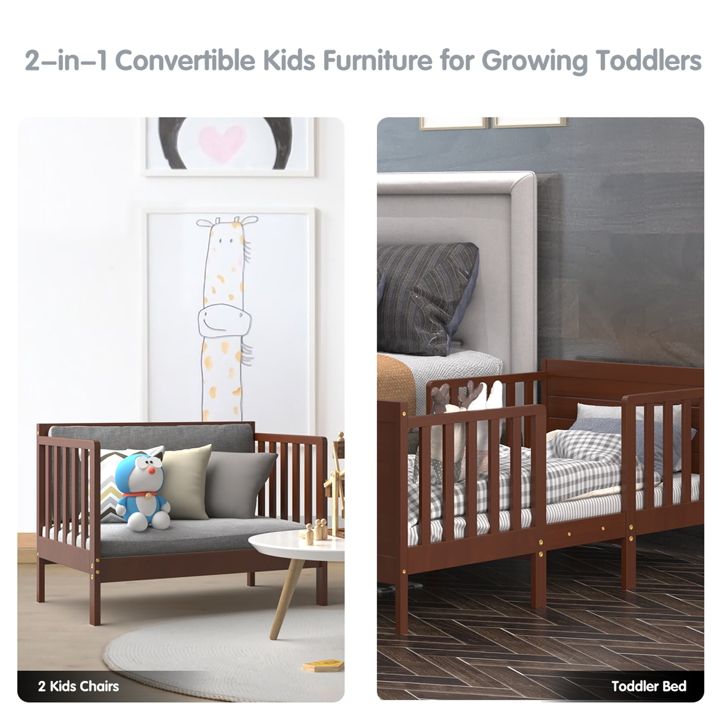 2-in-1 Convertible Toddler Bed with Guardrails-Brown Kids Crystal