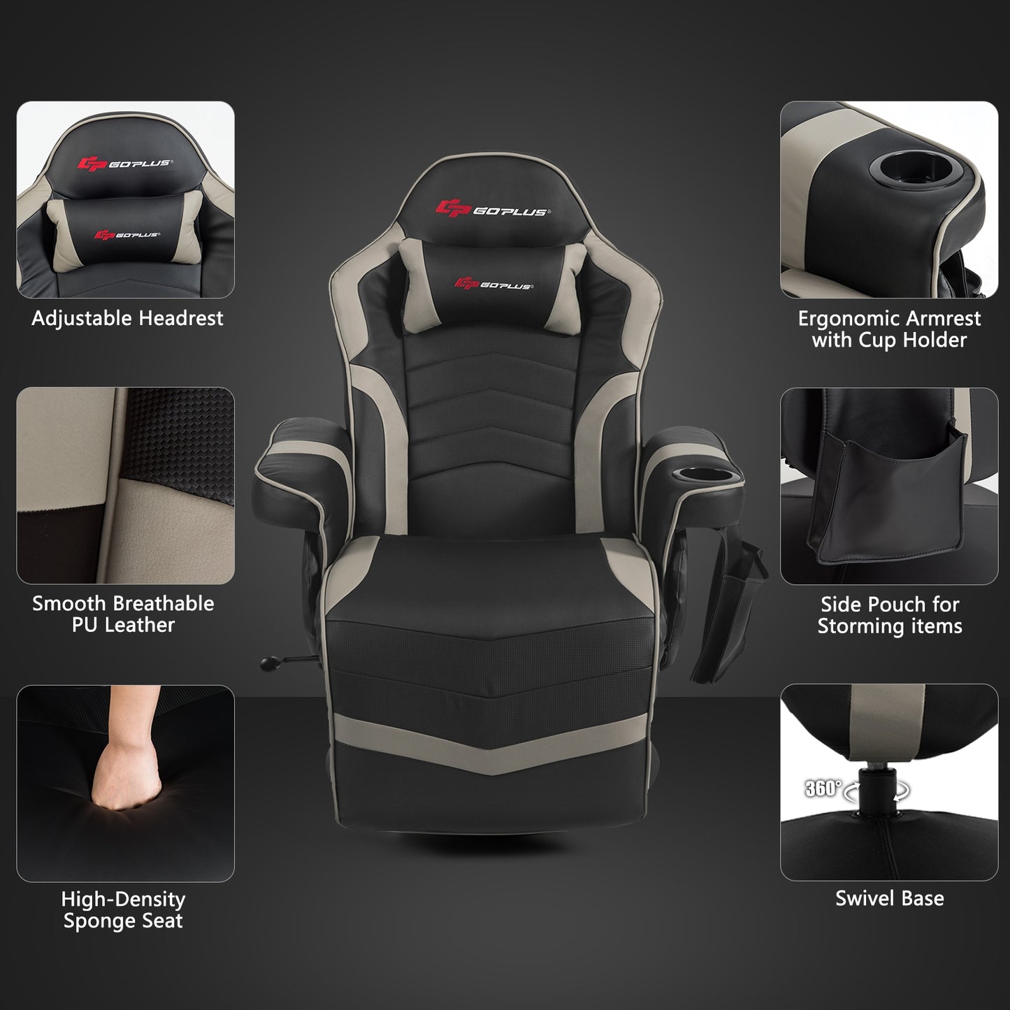 Ergonomic High Back Massage Gaming Chair with Pillow-Gray Kids Crystal