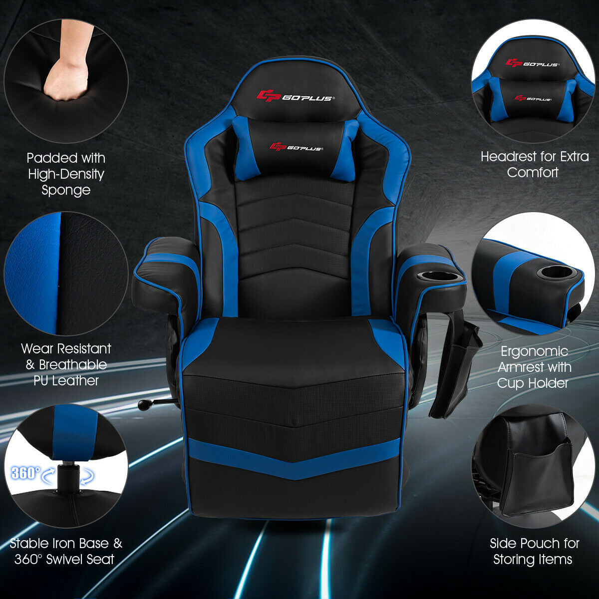 Ergonomic High Back Massage Gaming Chair with Pillow-Blue Kids Crystal