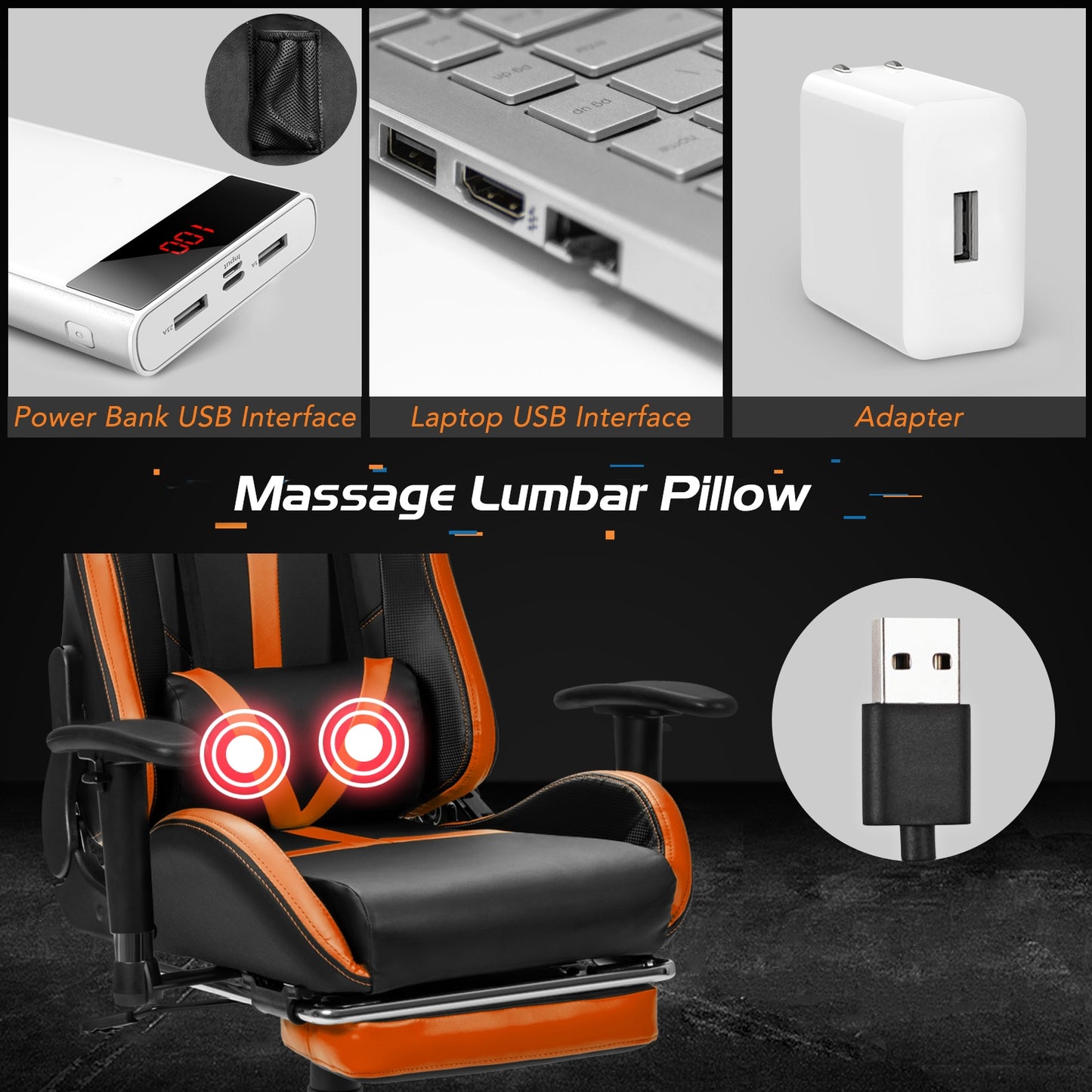 Reclining Racing Chair with Lumbar Support Footrest-Orange Kids Crystal