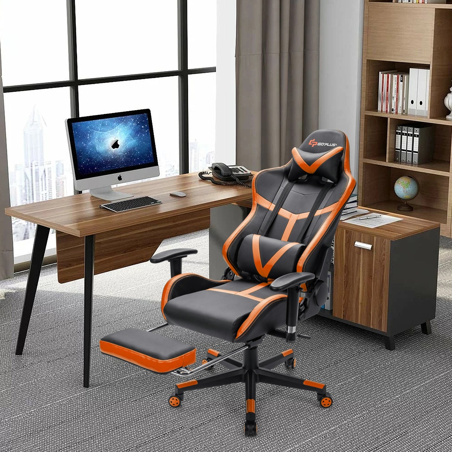 Reclining Racing Chair with Lumbar Support Footrest-Orange Kids Crystal