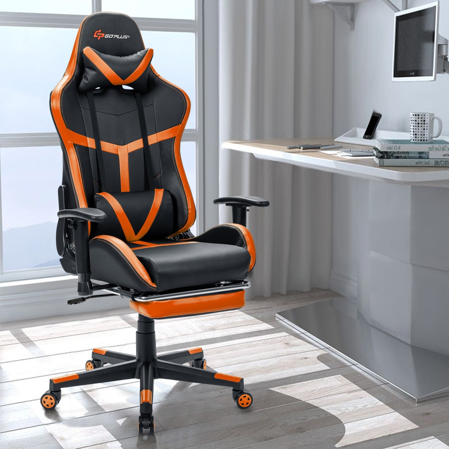 Reclining Racing Chair with Lumbar Support Footrest-Orange Kids Crystal