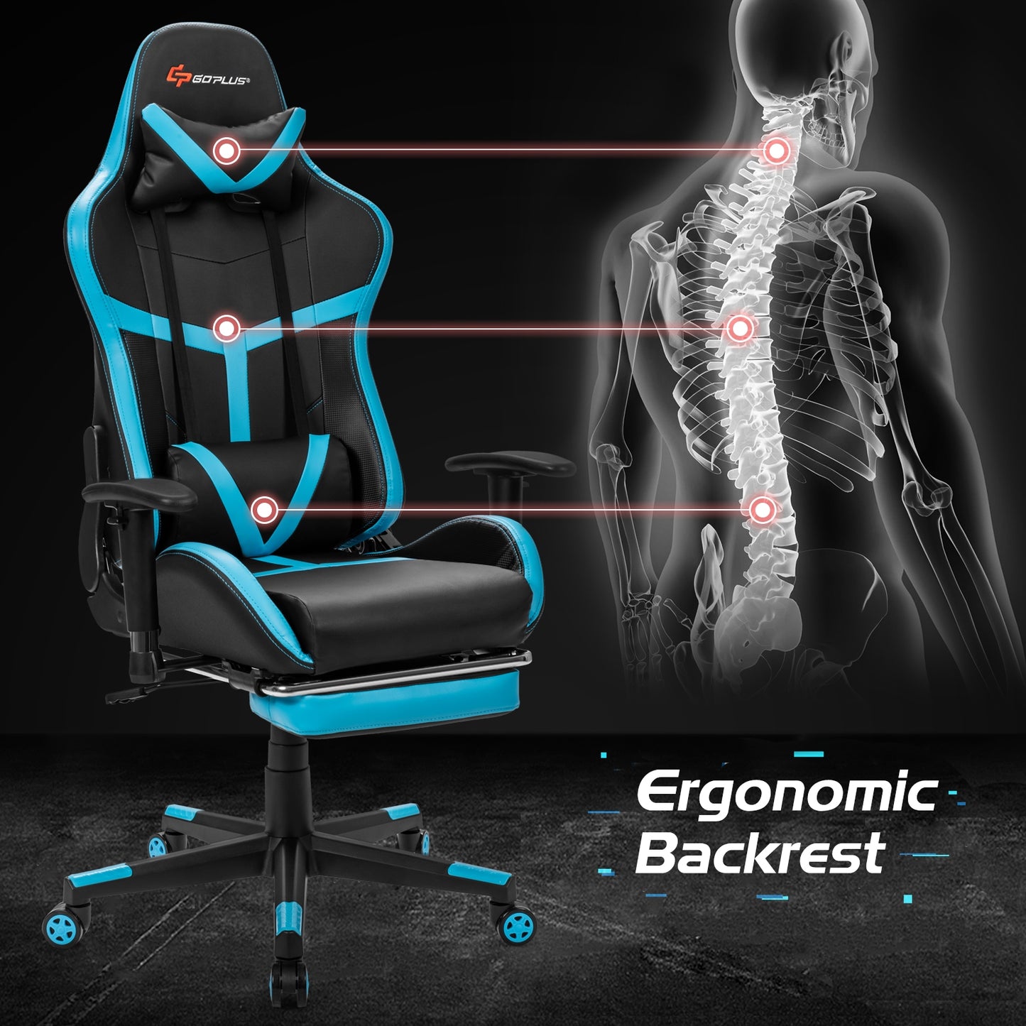 Reclining Racing Chair with Lumbar Support Footrest-Blue Kids Crystal
