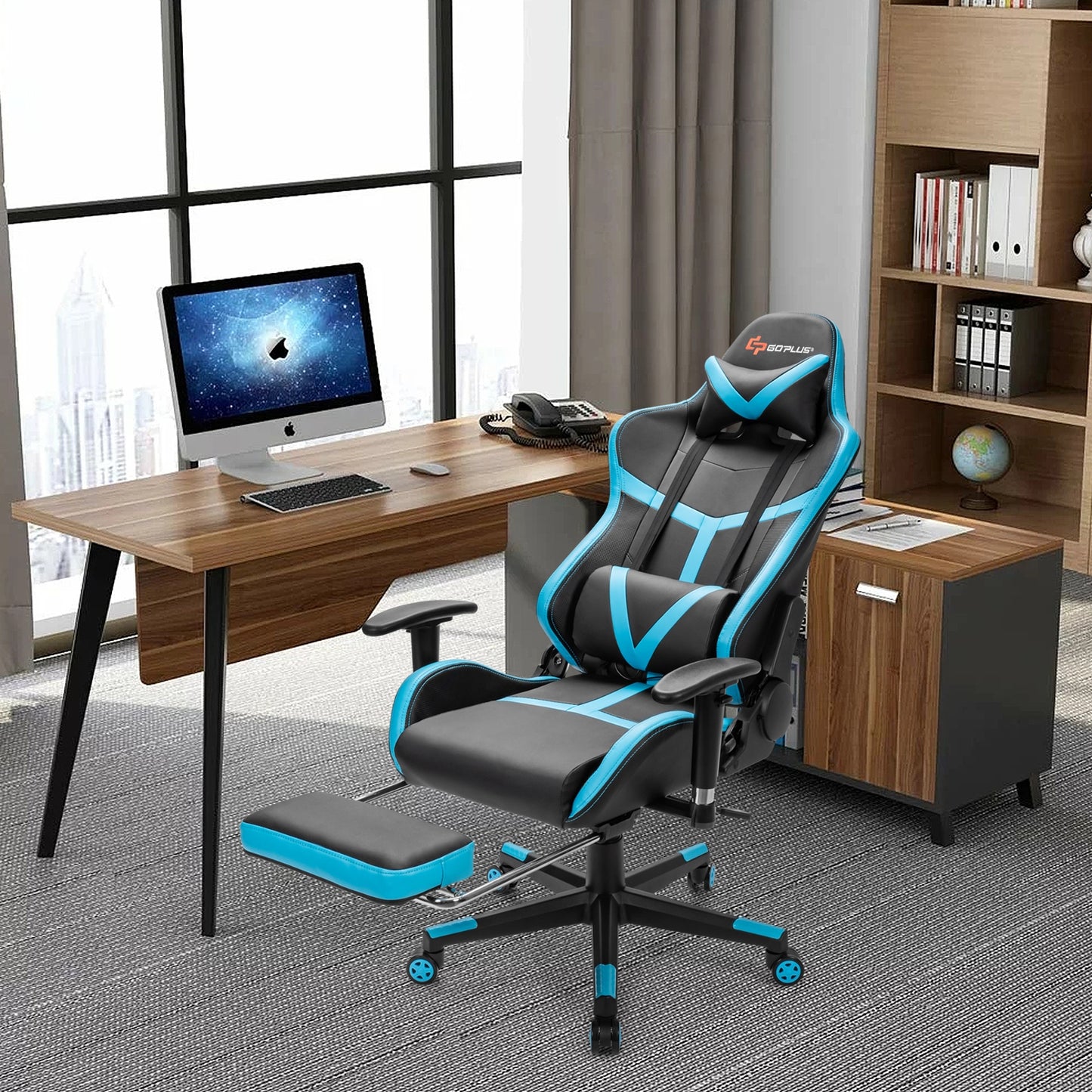 Reclining Racing Chair with Lumbar Support Footrest-Blue Kids Crystal