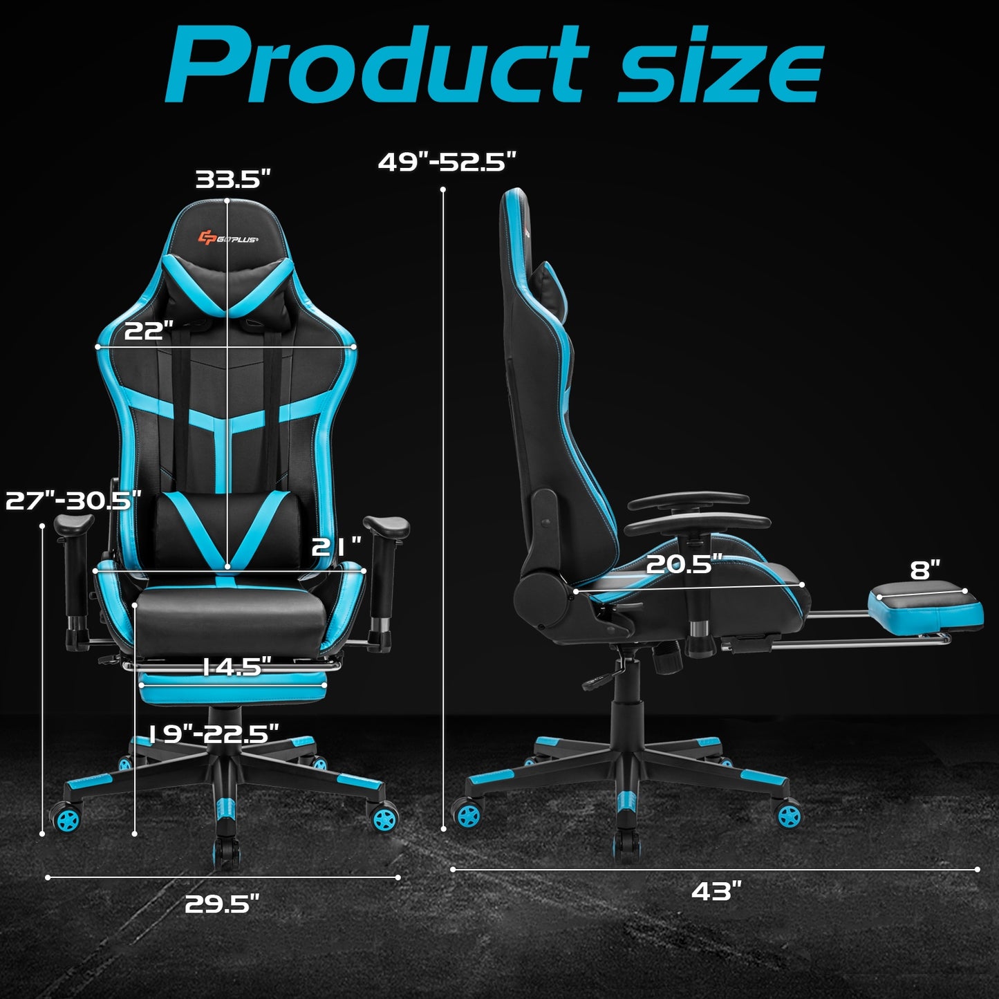 Reclining Racing Chair with Lumbar Support Footrest-Blue Kids Crystal
