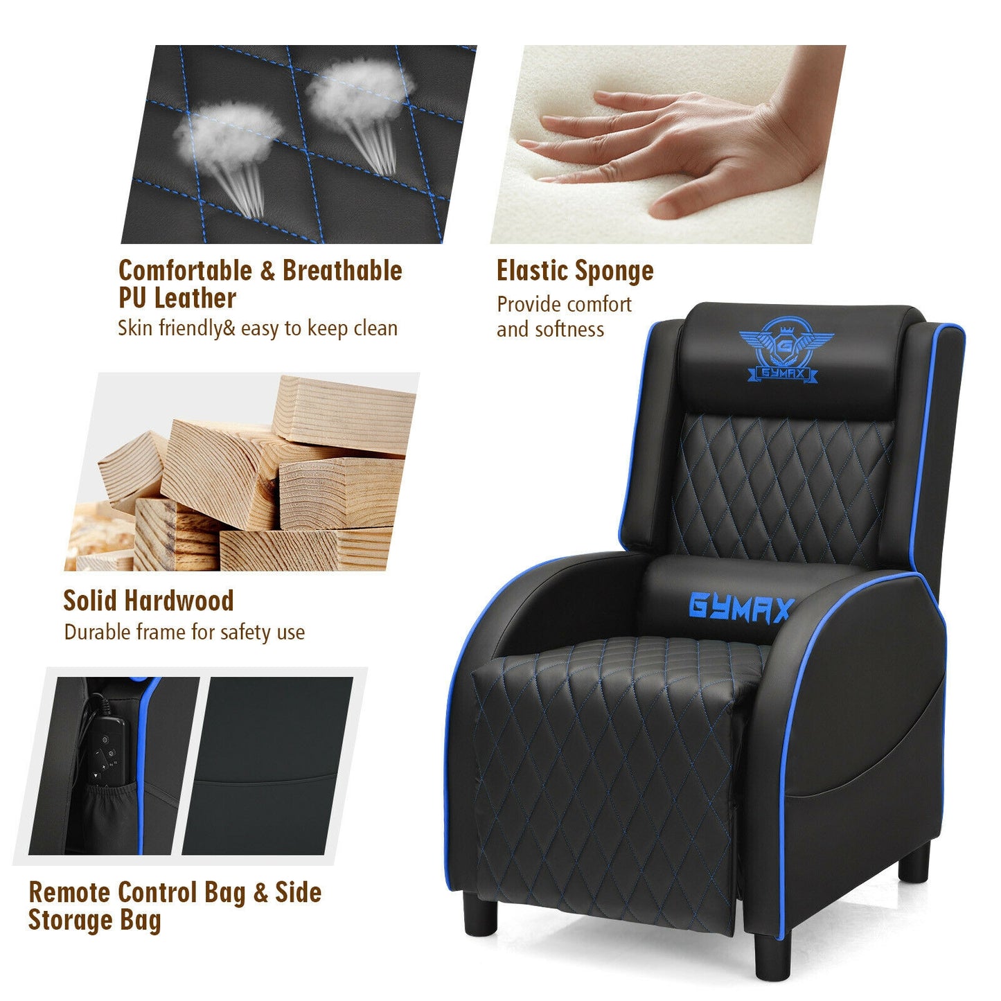 Massage Gaming Recliner Chair with Headrest and Adjustable Backrest for Home Theater-Blue Kids Crystal