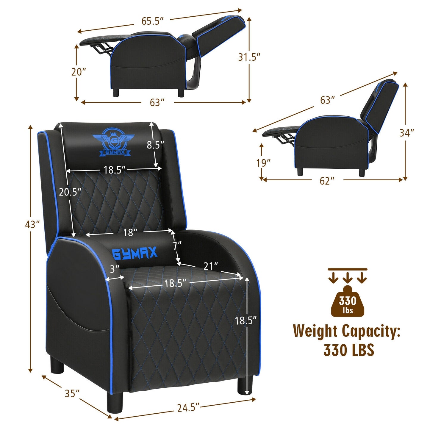Massage Gaming Recliner Chair with Headrest and Adjustable Backrest for Home Theater-Blue Kids Crystal