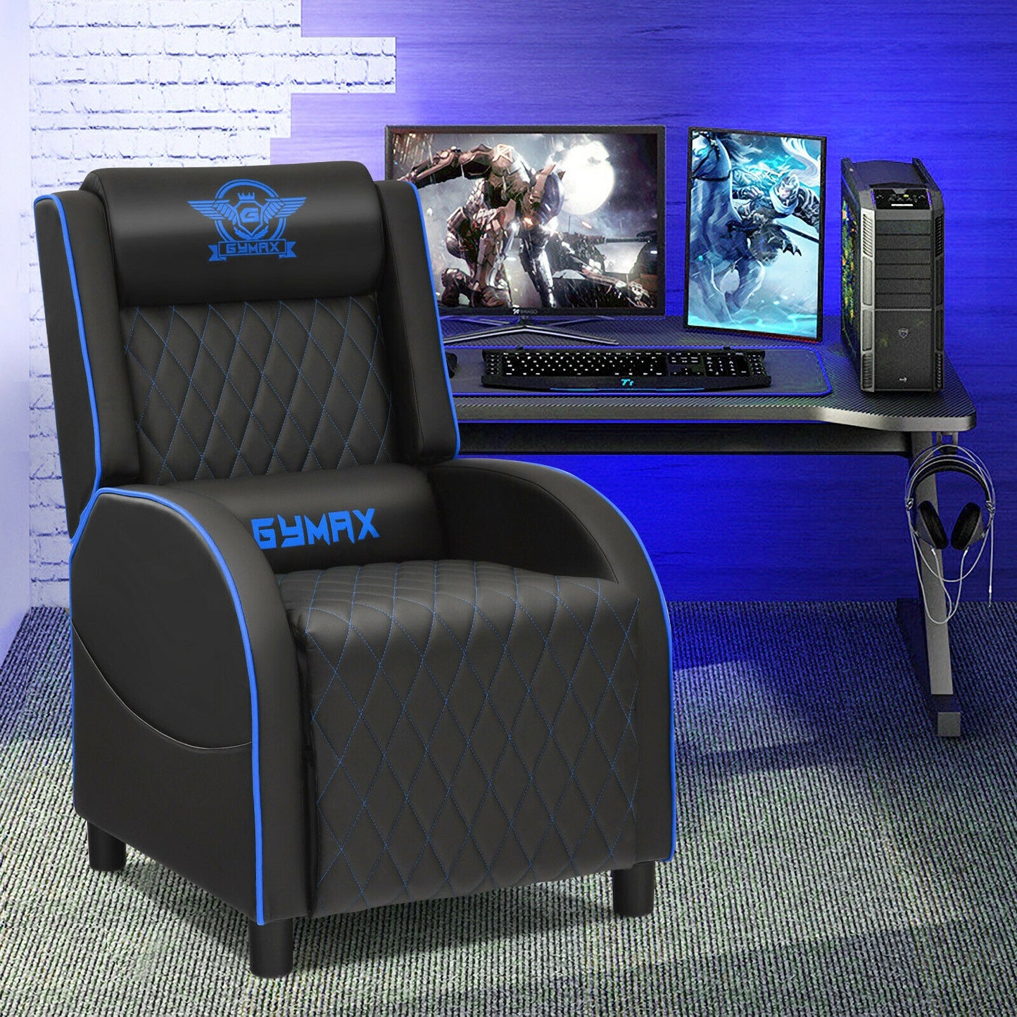 Massage Gaming Recliner Chair with Headrest and Adjustable Backrest for Home Theater-Blue Kids Crystal