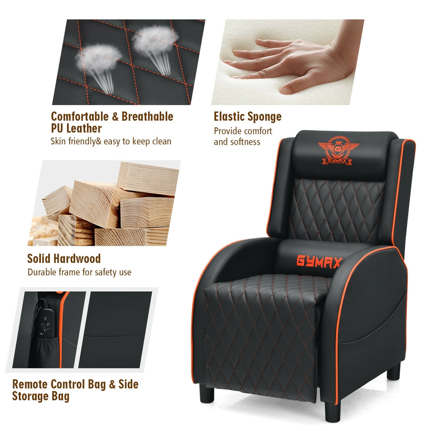 Massage Gaming Recliner Chair with Headrest and Adjustable Backrest for Home Theater-Orange Kids Crystal