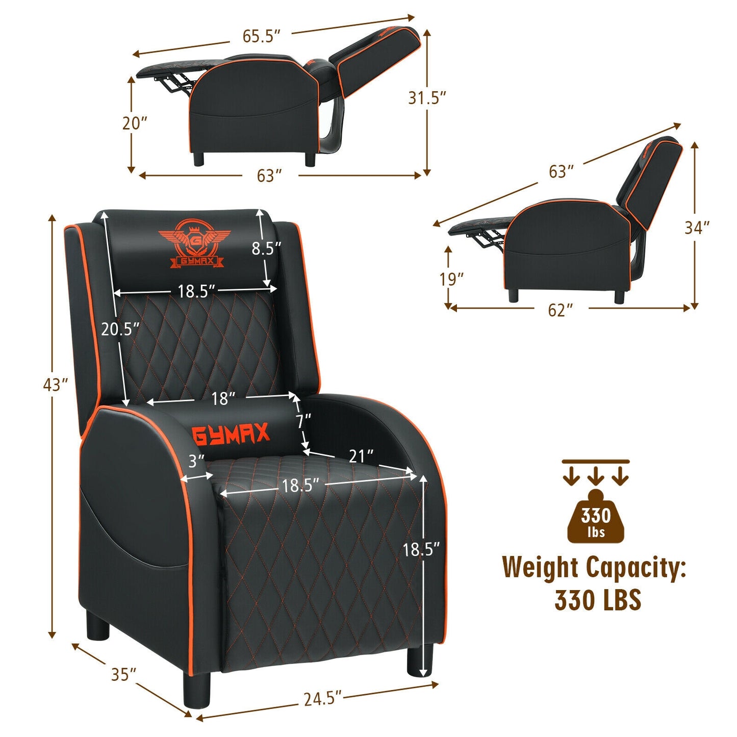 Massage Gaming Recliner Chair with Headrest and Adjustable Backrest for Home Theater-Orange Kids Crystal