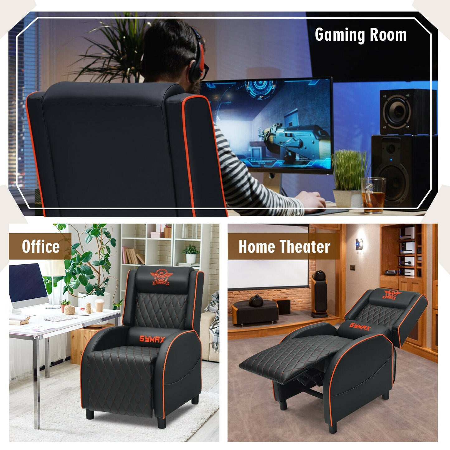 Massage Gaming Recliner Chair with Headrest and Adjustable Backrest for Home Theater-Orange Kids Crystal