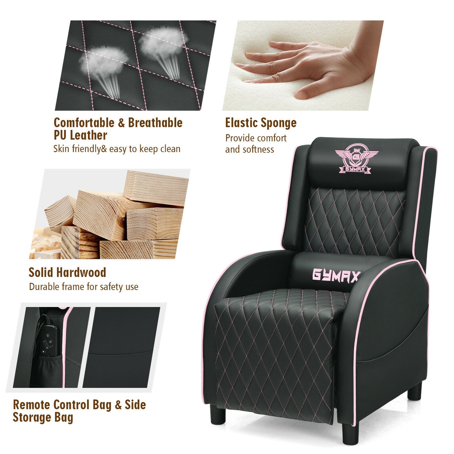 Massage Gaming Recliner Chair with Headrest and Adjustable Backrest for Home Theater-Pink Kids Crystal