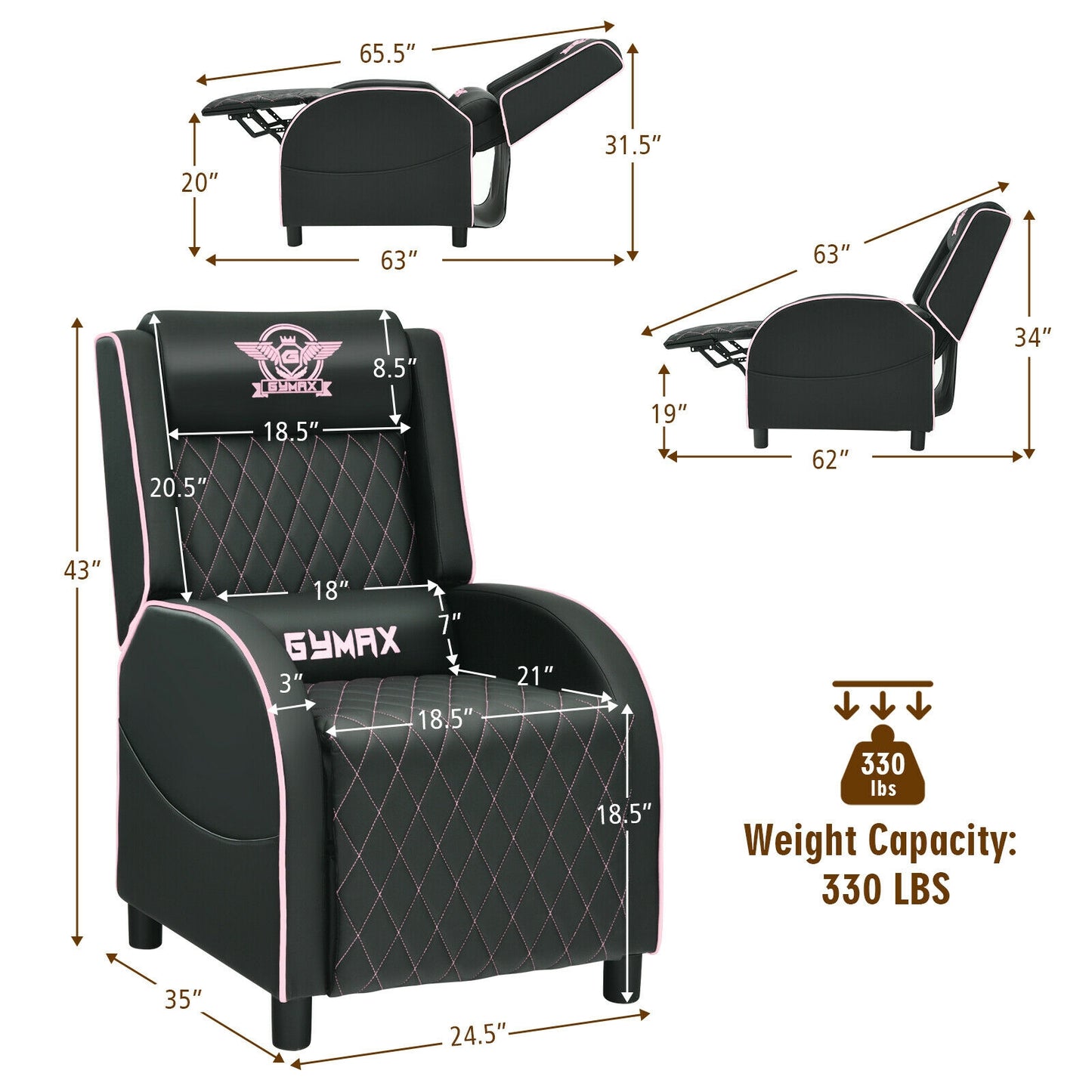 Massage Gaming Recliner Chair with Headrest and Adjustable Backrest for Home Theater-Pink Kids Crystal