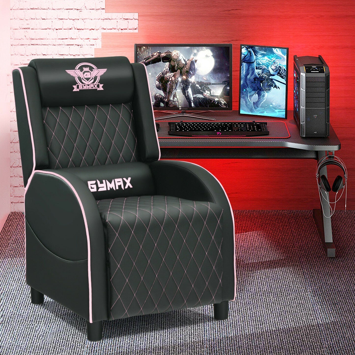 Massage Gaming Recliner Chair with Headrest and Adjustable Backrest for Home Theater-Pink Kids Crystal